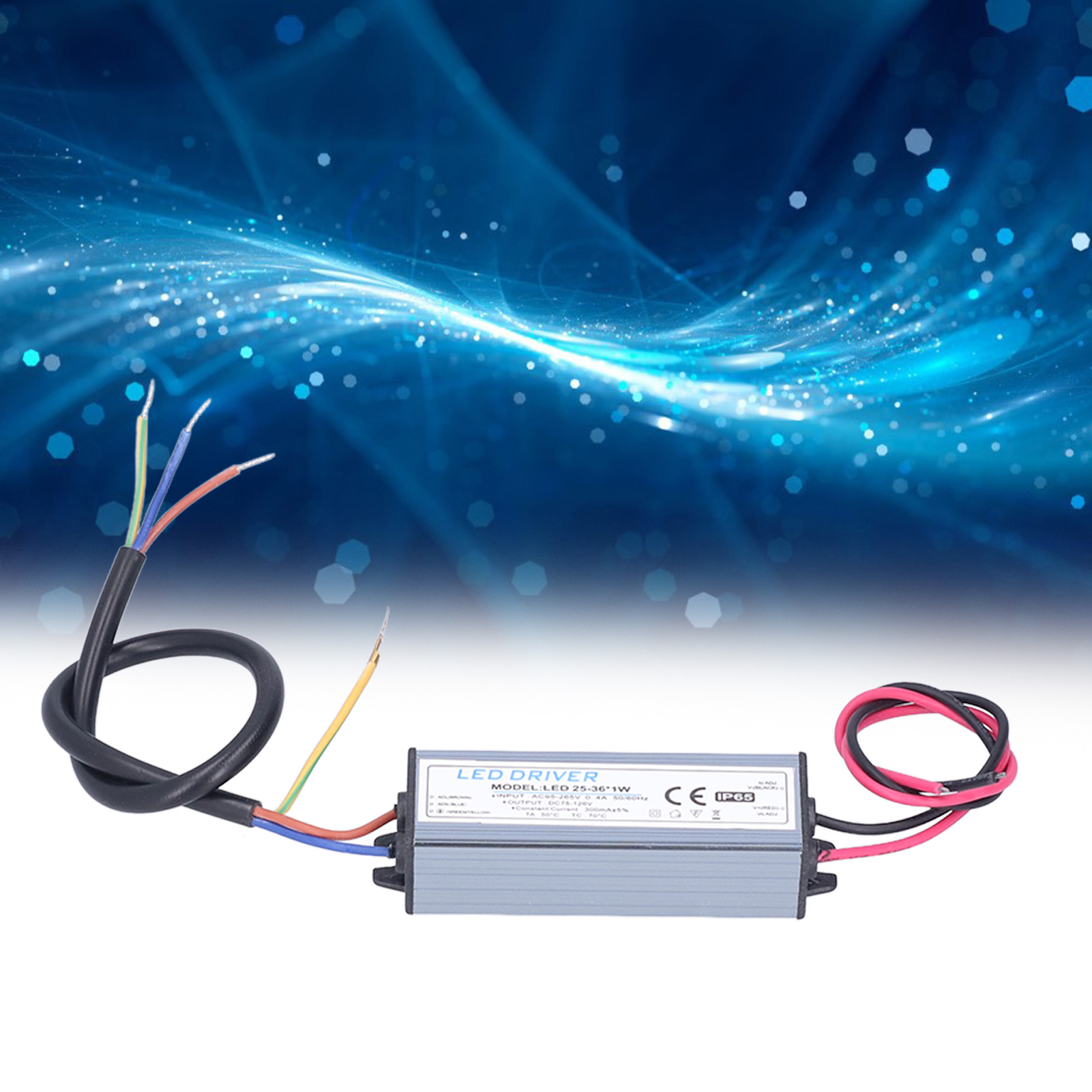 LED-Treiber mit Kabeln. Der Hintergrund ist blau mit hellen Formen.