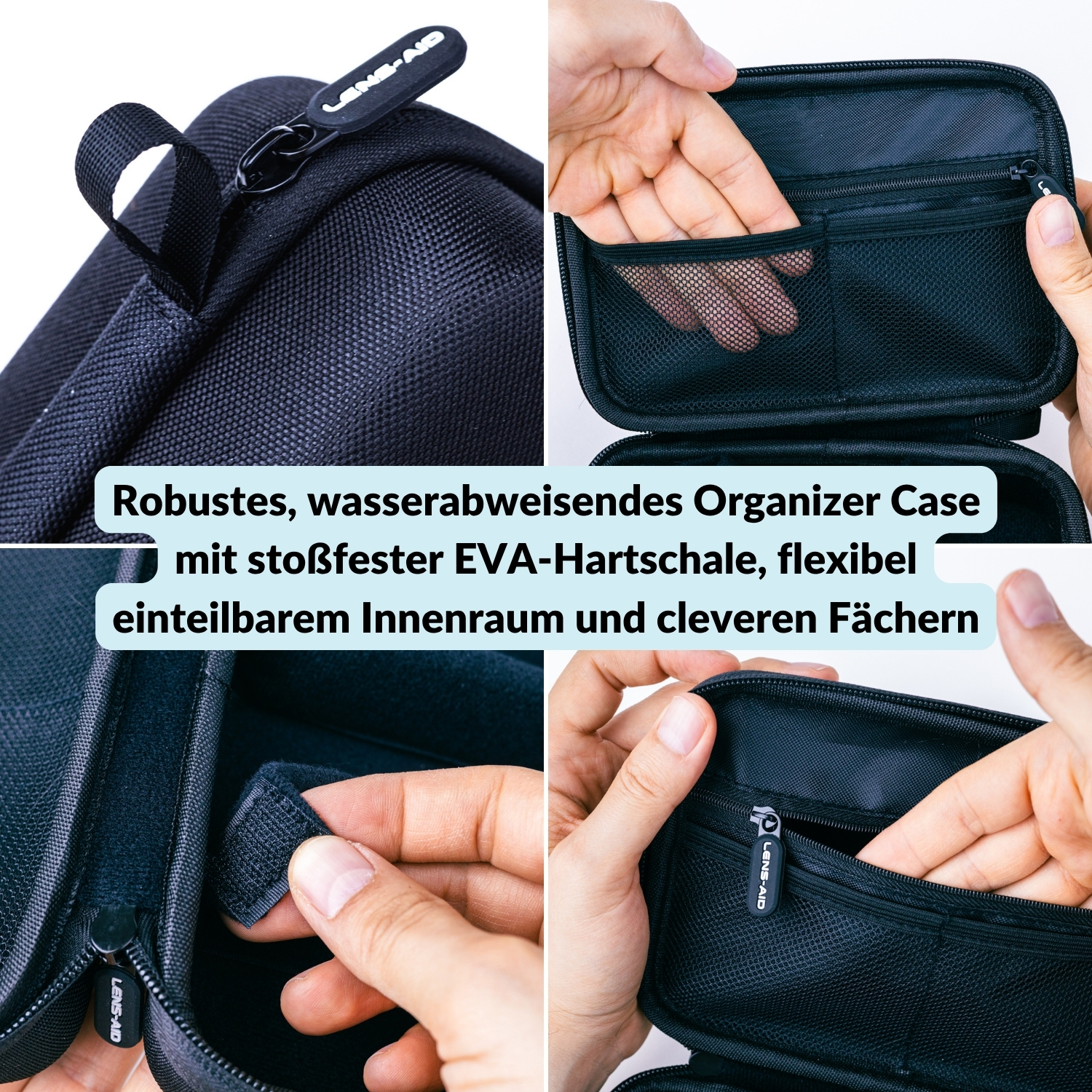 Collage von Details des schwarzen Organizer-Etuis. Reißverschlussfächer, zeigt die innere Struktur.