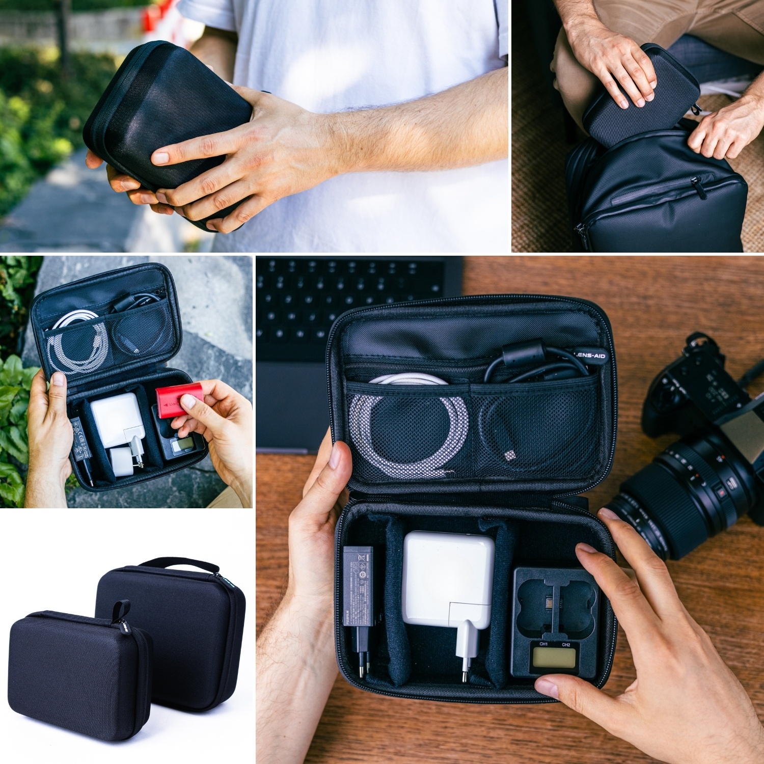 Collage einer schwarzen Tech-Organizer-Tasche. Sie wird geöffnet und geschlossen gezeigt, gefüllt mit Tech-Zubehör.