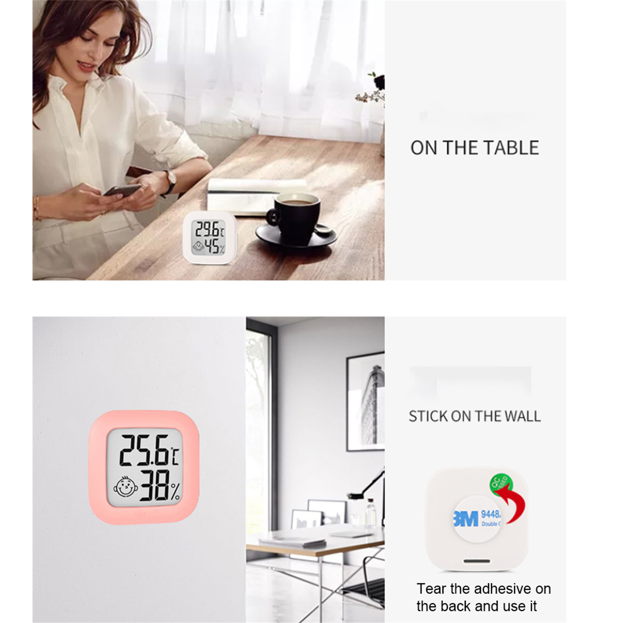Thermometer auf Tisch und Wand. Zeigt Temperatur und Luftfeuchtigkeit. Frau überprüft Telefon.