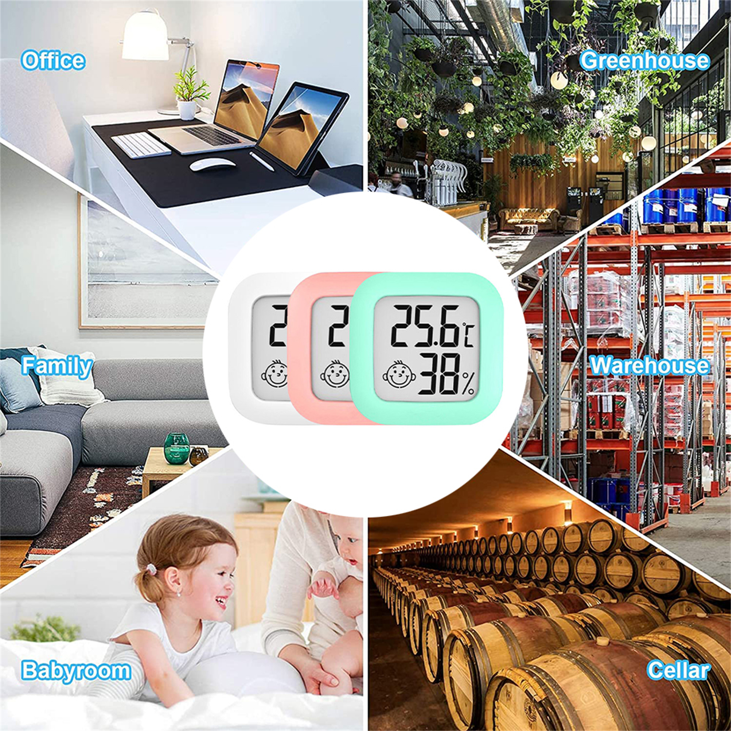Ein weißes und farbiges digitales Thermometer. Die Bilder zeigen das Thermometer an verschiedenen Orten: Büro, Babyzimmer und andere.