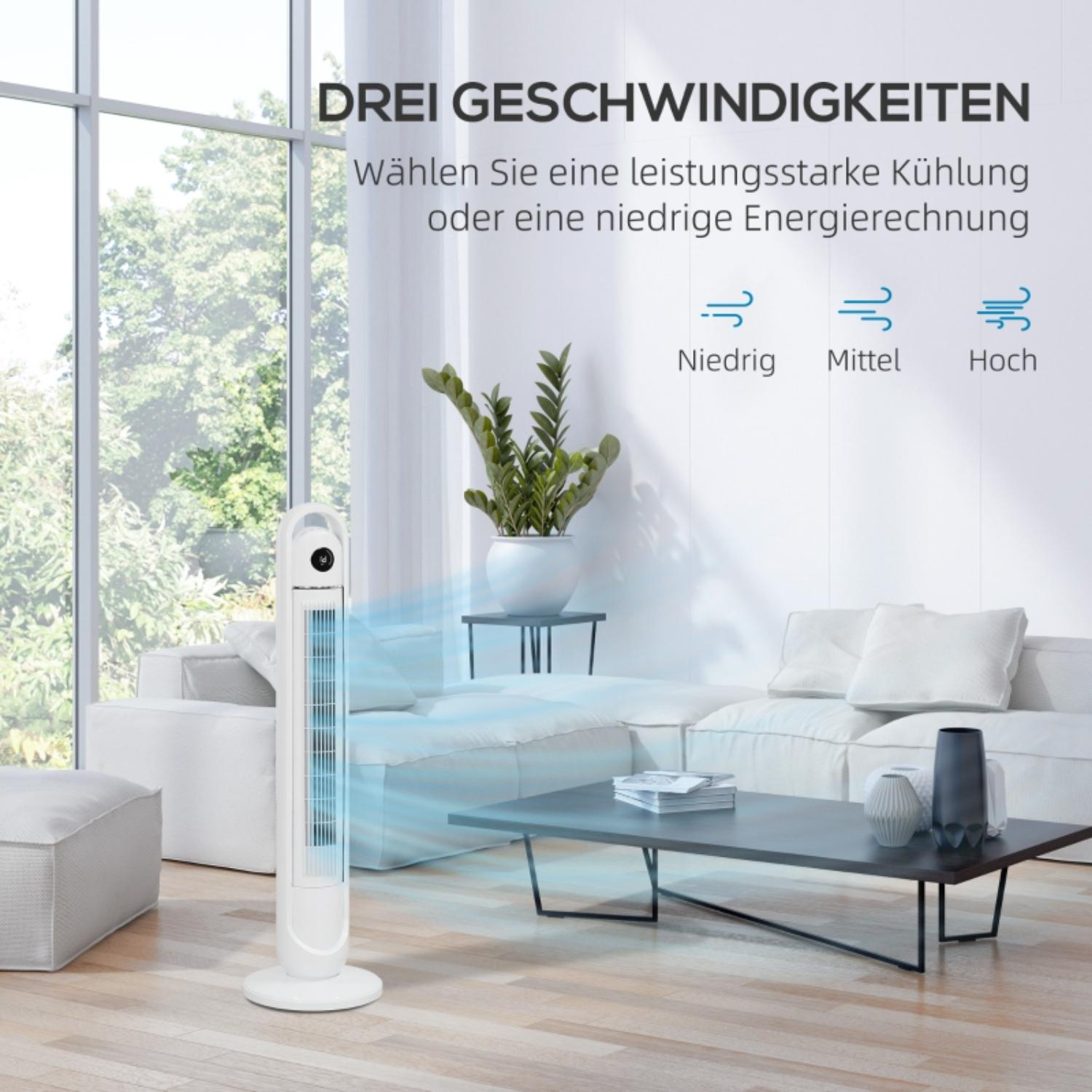 Weißer Turmventilator mit drei Einstellungen. Das Bild ist in einem Wohnzimmer mit Fenster und einem Tisch mit einer Pflanze.