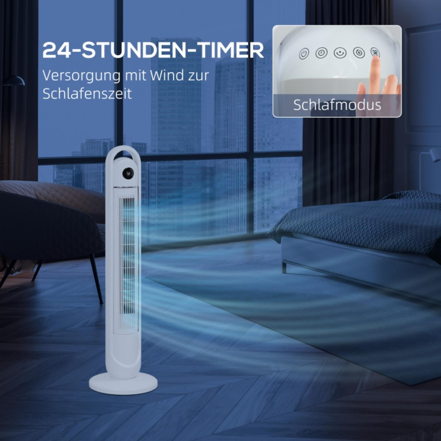 Ein Turmventilator mit Schlafzimmer im Hintergrund. Text sagt '24-Stunden-Timer' und 'Schlafmodus'.
