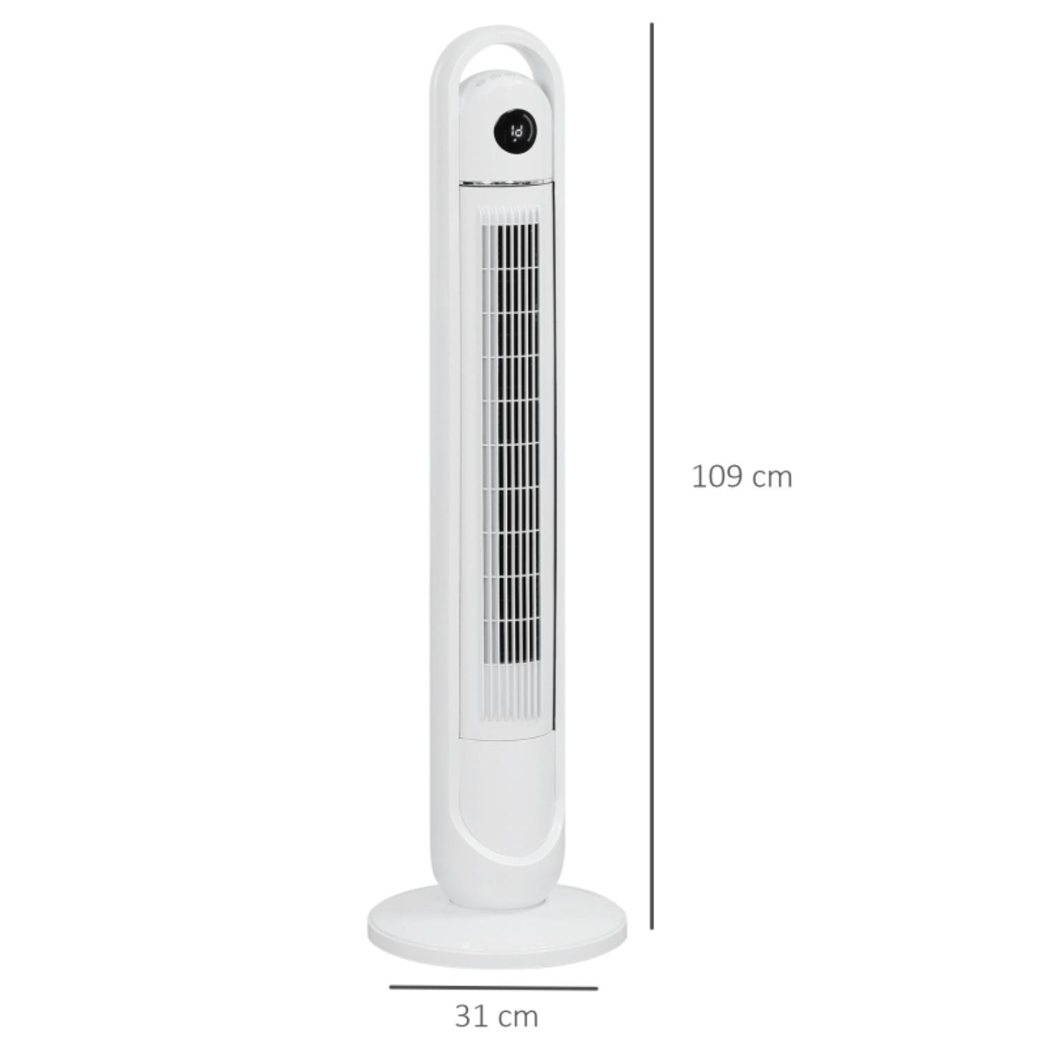Weißer Turmventilator. Maße: 109 cm hoch und 31 cm breit.