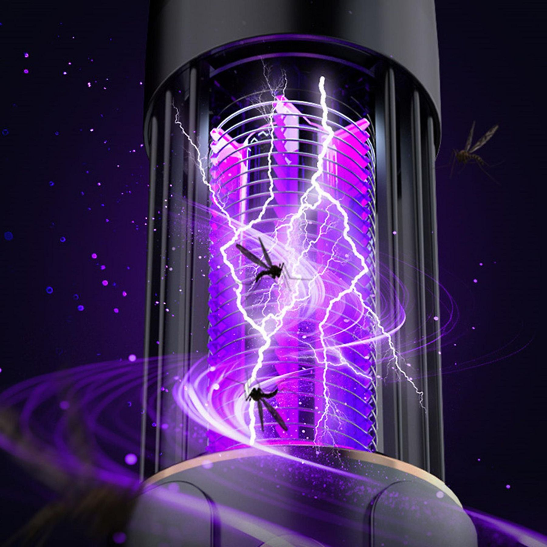 Ein Mückenvernichter mit elektrischen Funken und toten Insekten. Das Gerät leuchtet violett.