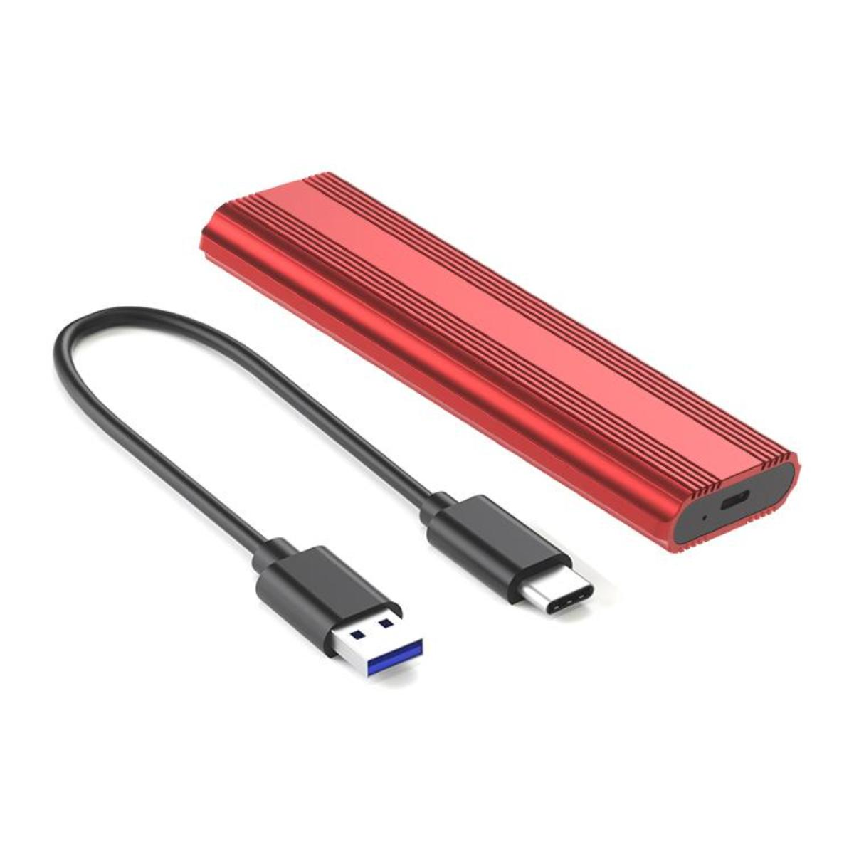Ein rotes Festplattengehäuse mit einem USB-C-Kabel und einem USB-A-Kabel. Die Kabel sind schwarz.