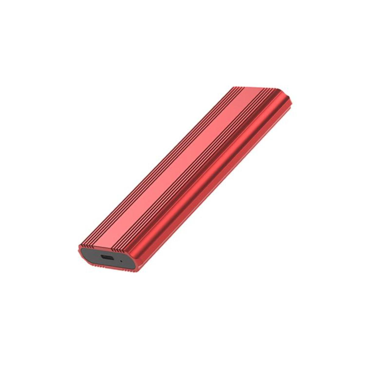 Ein rotes, rechteckiges Festplattengehäuse. Das Gehäuse ist abgewinkelt und hat einen USB-C-Anschluss an der Seite.