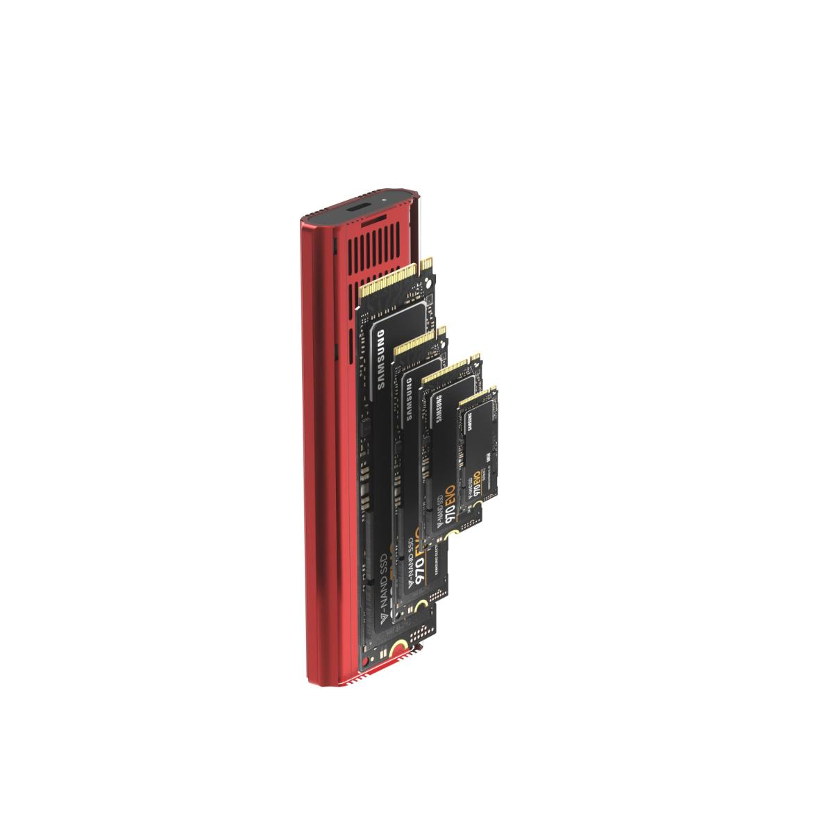 Rotes, rechteckiges Gerät mit herausragenden SSDs. Das Gerät steht aufrecht.