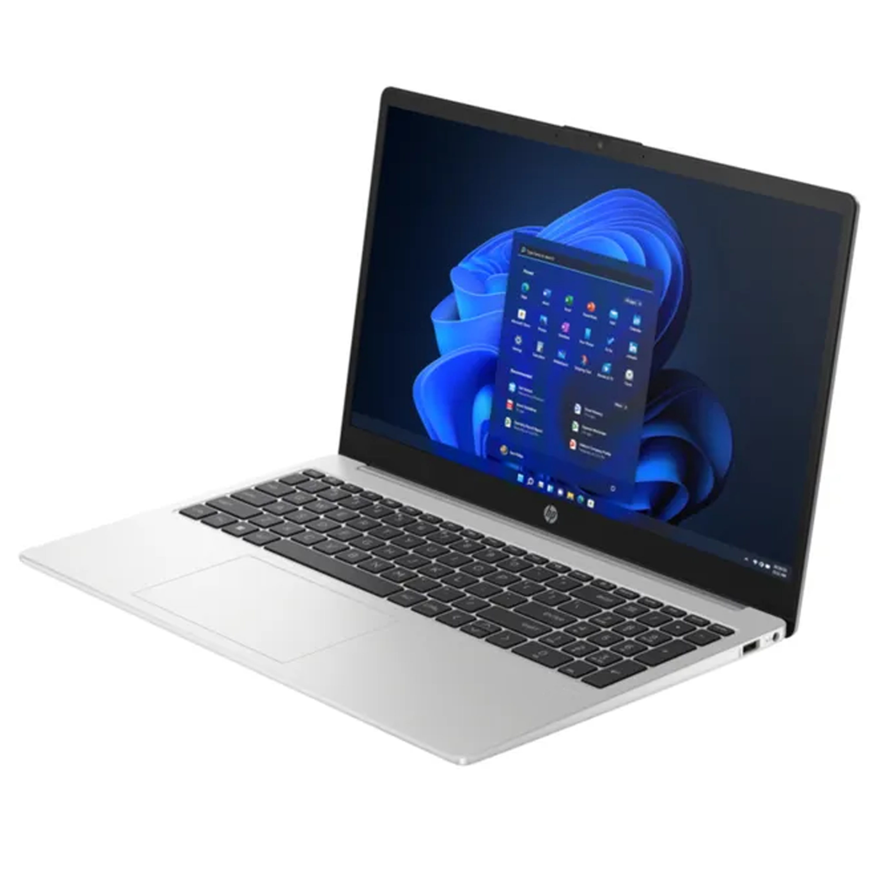 Silberner Laptop, geöffnet, zeigt einen Bildschirm mit App-Symbolen und dunkler blauer Windows-Oberfläche.