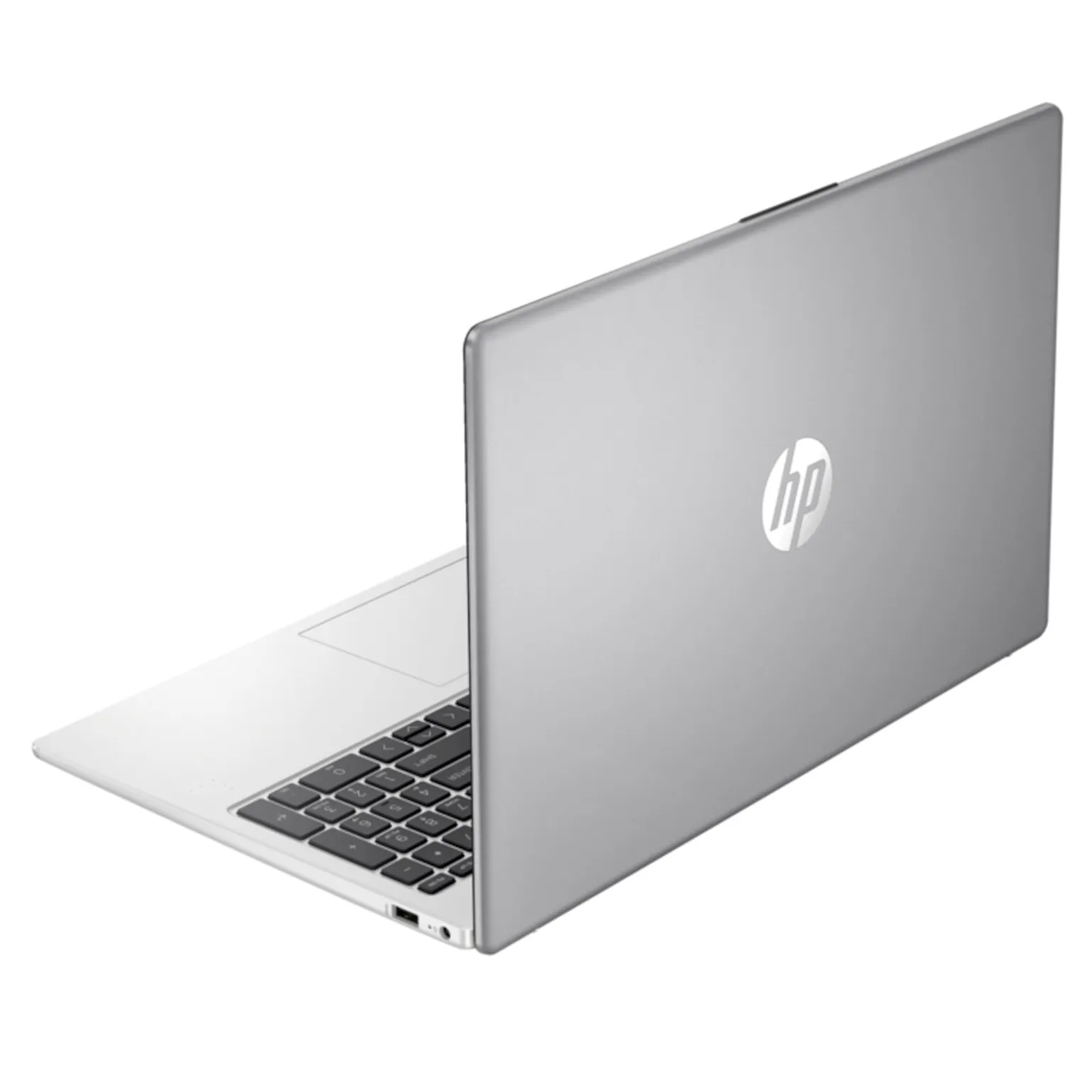 Silberner Laptop, geschlossen, zeigt die Rückseite. Das HP-Logo ist sichtbar. Die Oberfläche ist sauber.