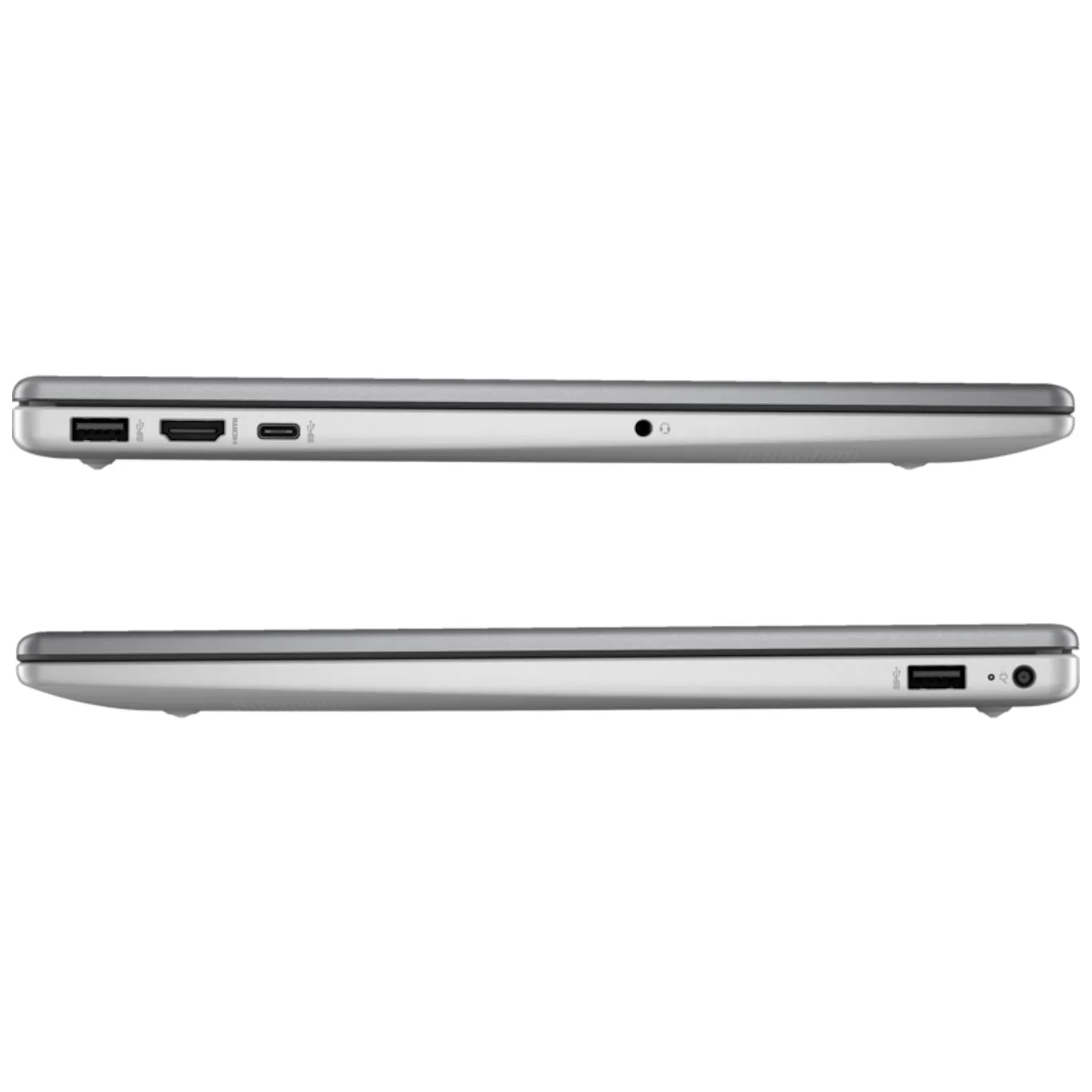 Silberner Laptop, geschlossen, zeigt die Seite mit Anschlüssen. Anschlüsse umfassen USB, HDMI, Klinke.