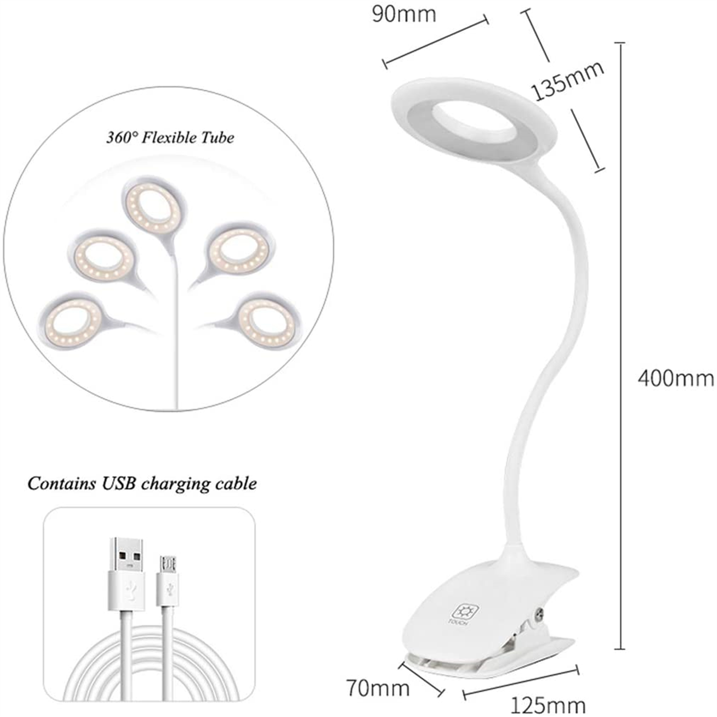 Weiße LED-Schreibtischlampe mit flexiblem Hals und Clipfuß, mit USB-Ladekabel.