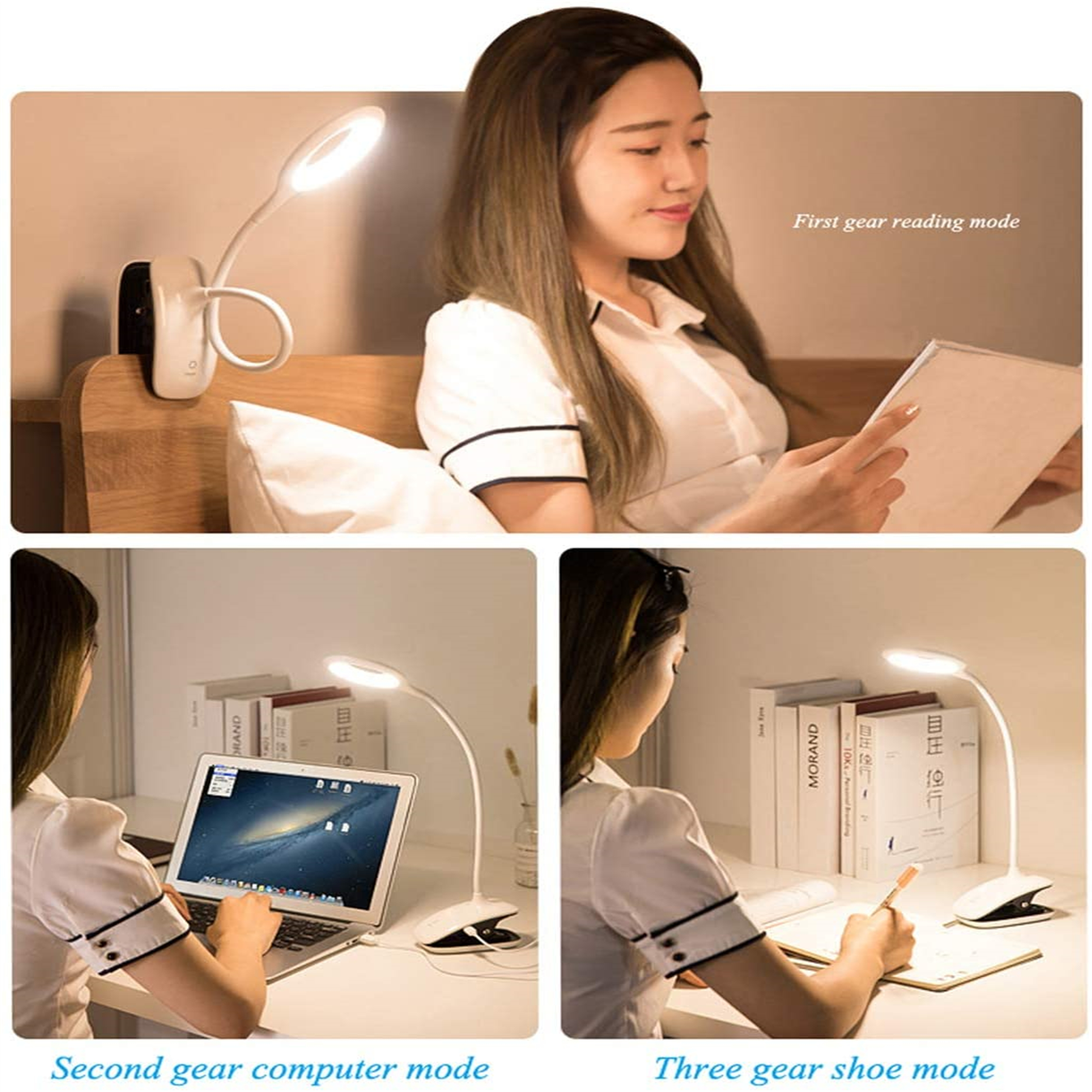 Drei Szenen, die eine weiße Schreibtischlampe in verschiedenen Modi zeigen: Lesen, Computer.