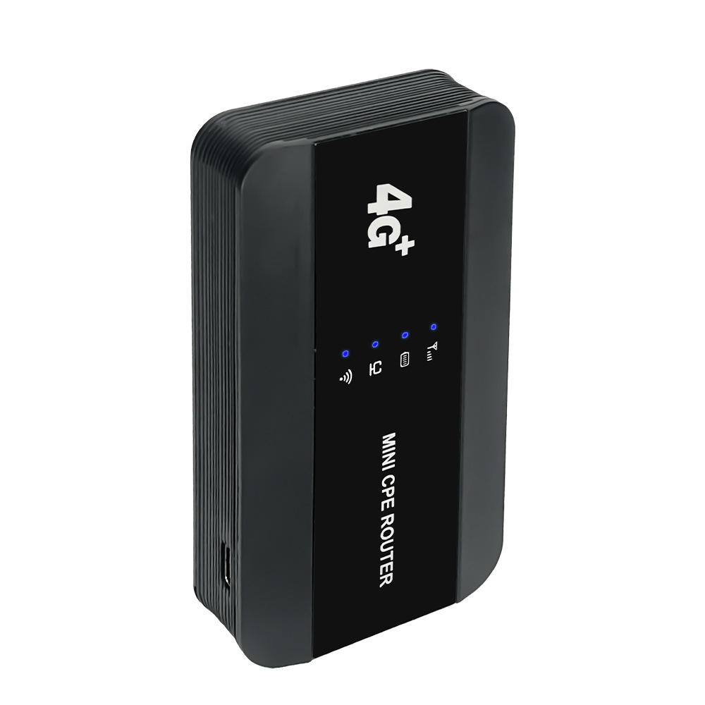 Schwarzer 4G+ Mini CPE Router. Das Gerät hat Kontrollleuchten und den Text Mini CPE Router. Weißer Hintergrund.