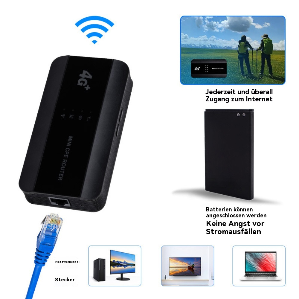 Ein schwarzer Mini-CPE-Router mit blauem Netzwerkkabel und anderem technischem Zubehör, mit Text.