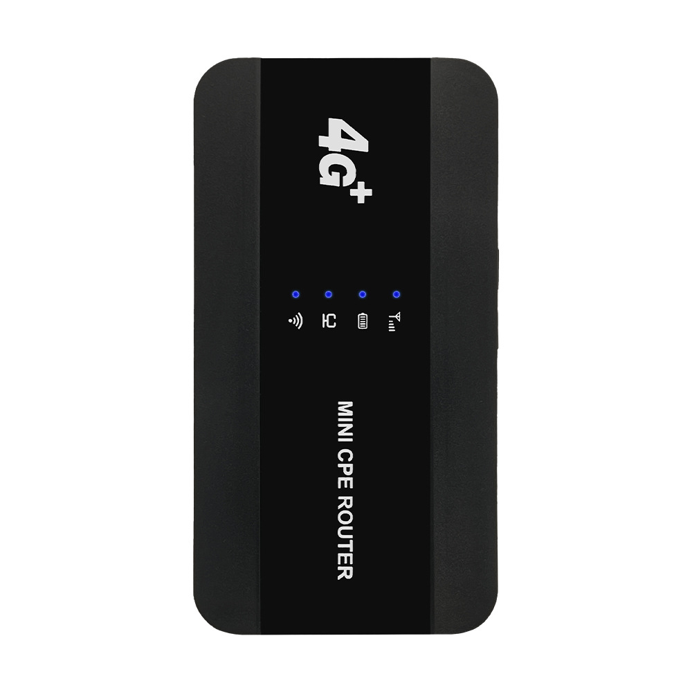 Schwarzer 4G+ Mini CPE Router. Es hat Kontrollleuchten und den Text Mini CPE Router. Der Hintergrund ist weiß.