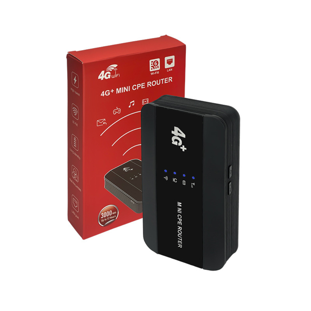 Schwarzer 4G Mini-CPE-Router und rote Box. Die Box hat Symbole und Text. Der Router hat 4G+ und Mini-CPE Router.