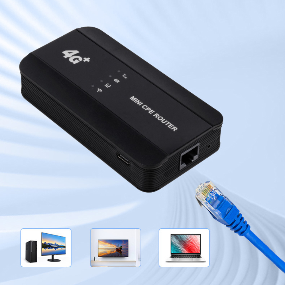Ein schwarzer Mini-CPE-Router mit blauem Netzwerkkabel und drei Geräten, mit blauem Farbverlauf im Hintergrund.