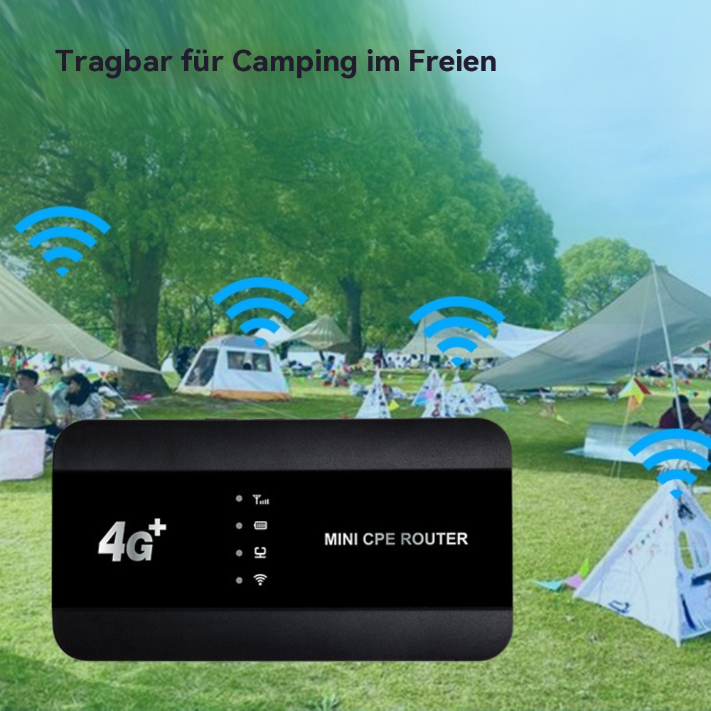 Schwarzer 4G+ Mini-CPE-Router. Das Gerät befindet sich in einer Camping-Umgebung. Der Hintergrund zeigt Zelte und Menschen.