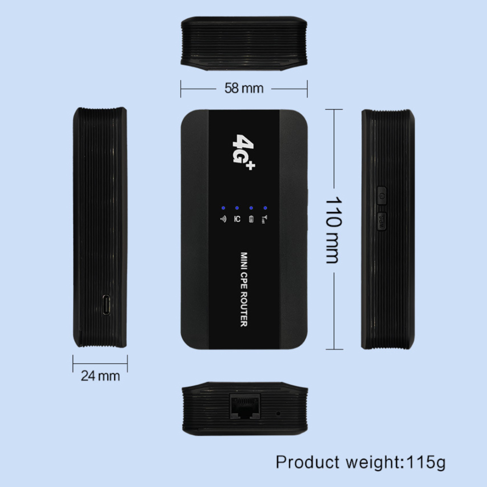 Ein Mini-CPE-Router. Abmessungen und Produktgewicht werden vor weißem Hintergrund gezeigt.
