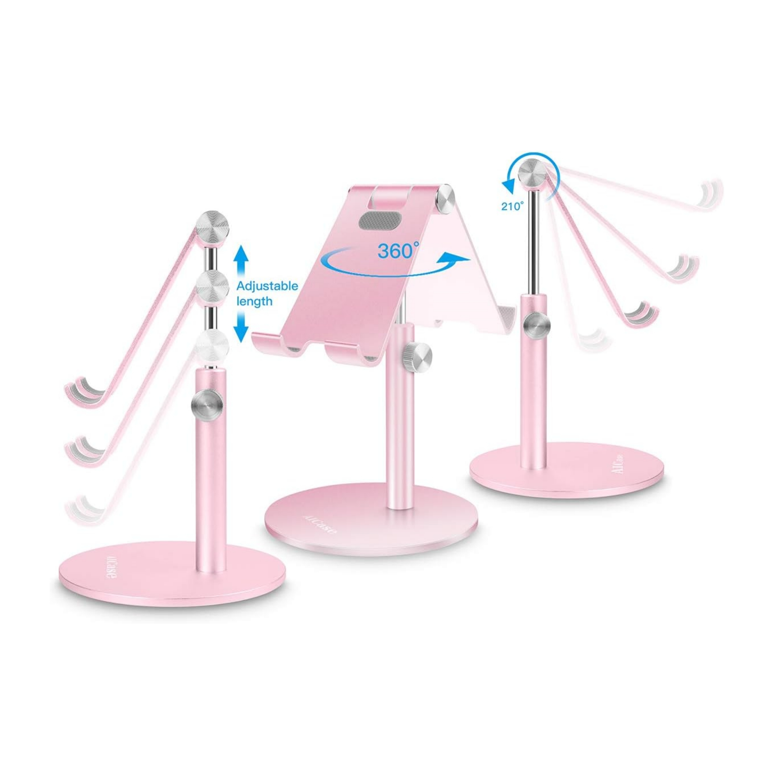 Pinkfarbener Telefonständer mit einstellbarer Länge und 360-Grad-Drehung. Verschiedene Winkel.
