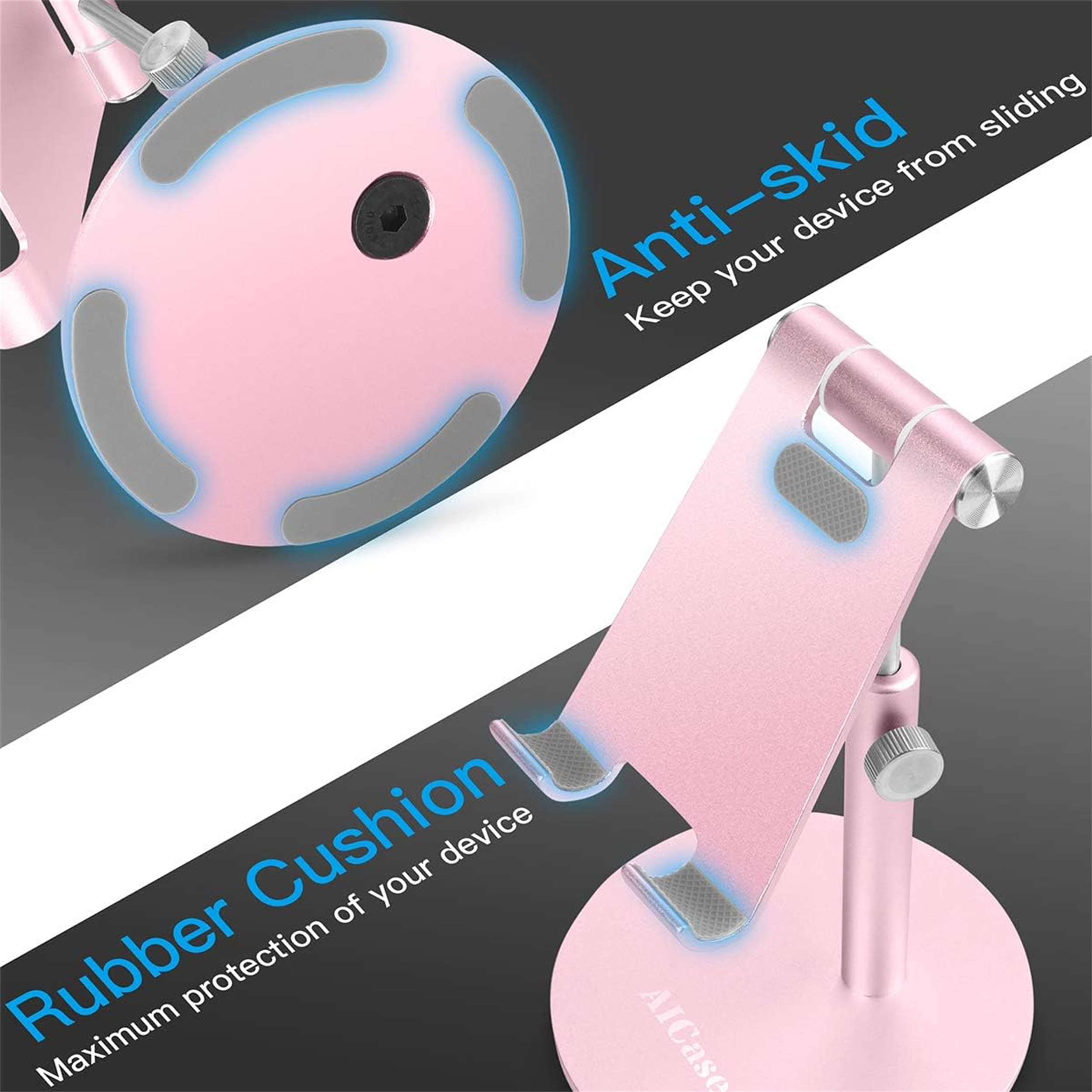 Pinkfarbener Telefonständer. Merkmale: rutschfeste Basis, Gummidämpfung. Nahaufnahme von Basis und Ständer.