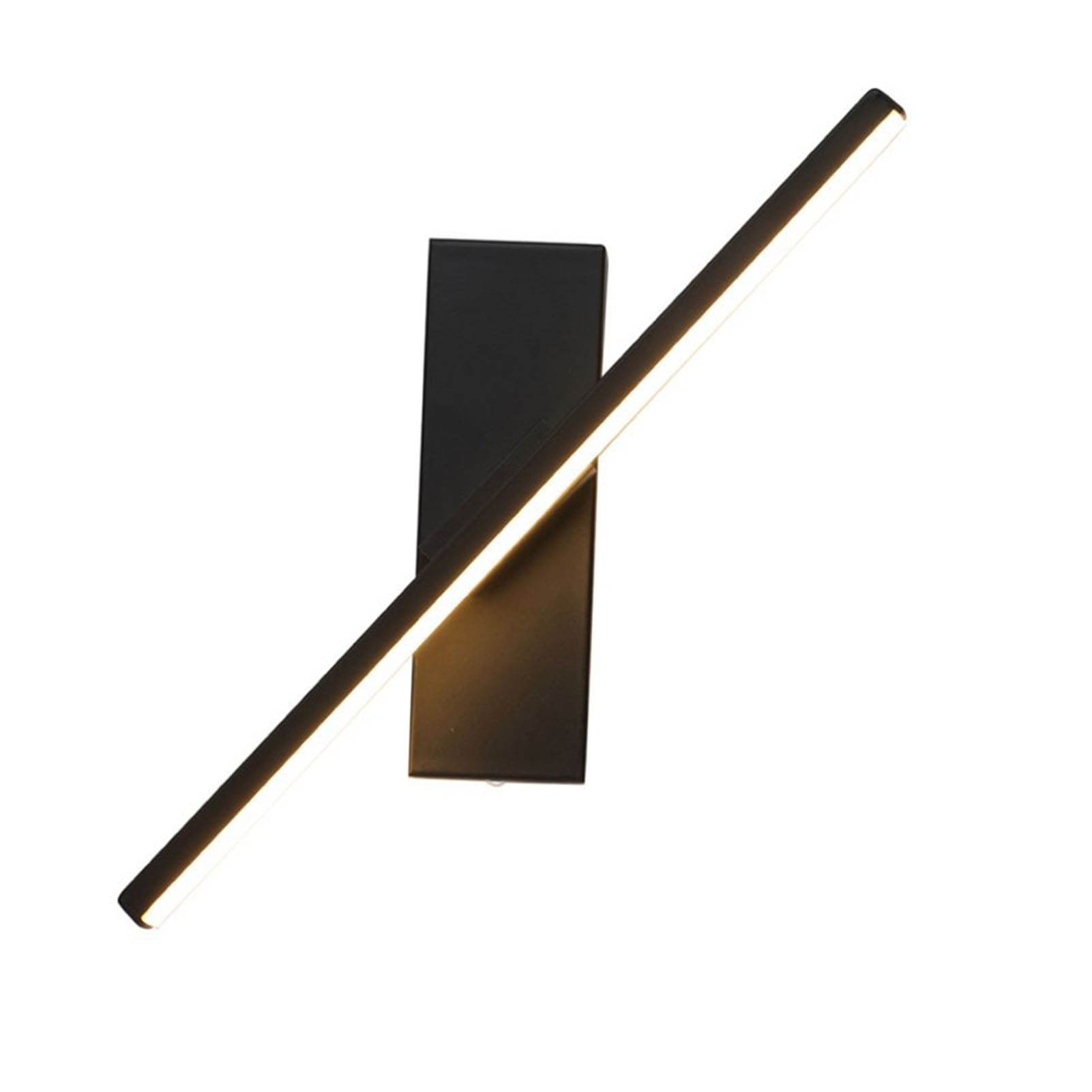 Schwarz montierte LED-Wandleuchte. Rechteckige Basis und ein langer, dünner Lichtbalken.