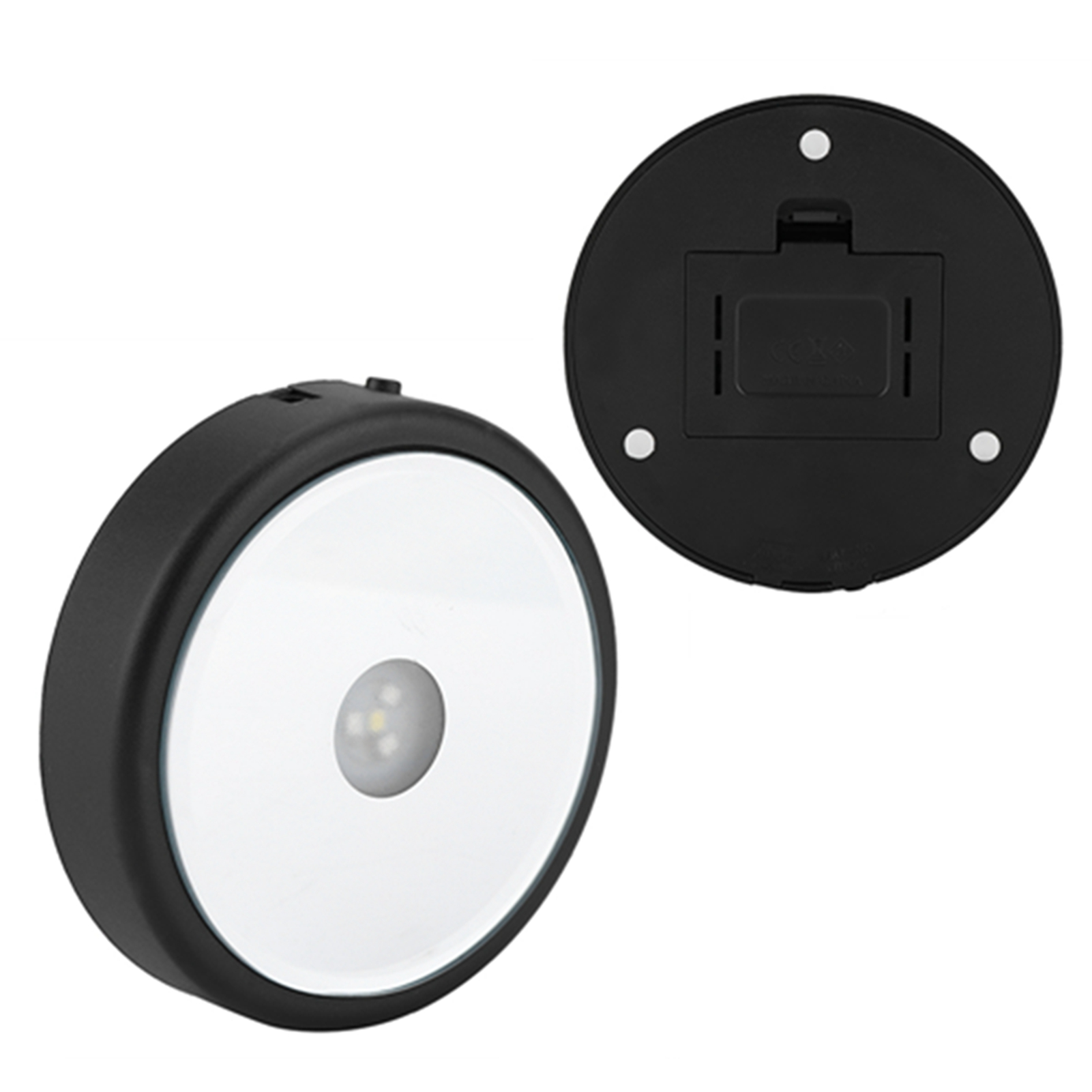 Schwarze, rotierende Displaybasis mit weißem kreisförmigem Licht und Batteriefach.