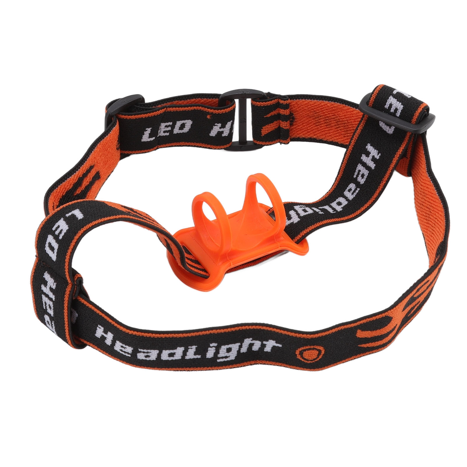 Eine schwarz-orangefarbene Stirnlampe. Der Riemen hat orange Flammen und einen orangefarbenen Kunststoffhalter.