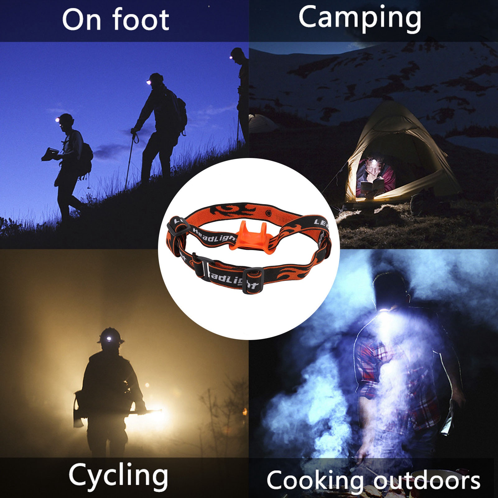 Eine Stirnlampe wird in verschiedenen Kontexten gezeigt: zu Fuß, Camping, Radfahren und Kochen im Freien.