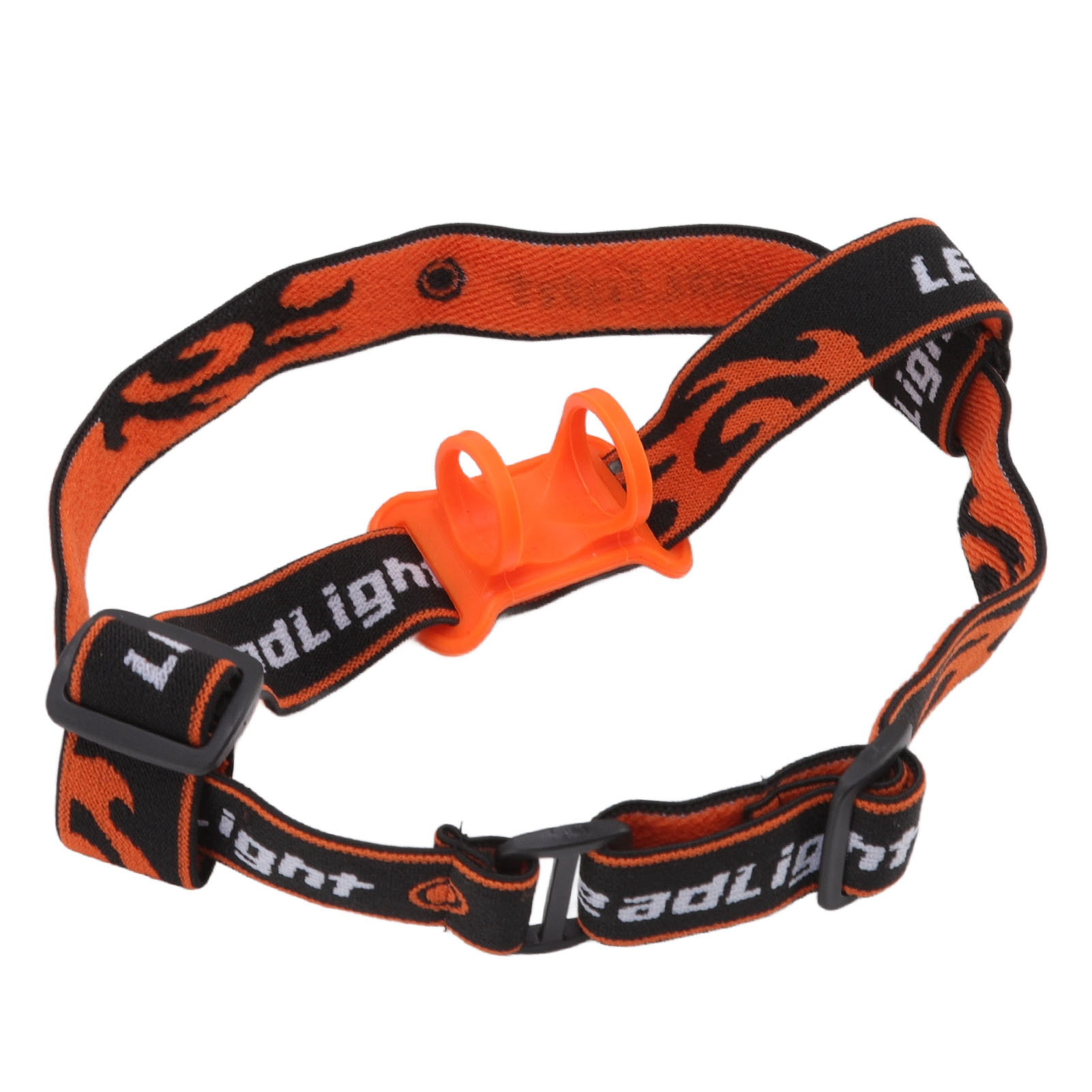 Eine schwarz-orangefarbene Stirnlampe. Der Riemen hat orange Flammen und einen orangefarbenen Kunststoffhalter.