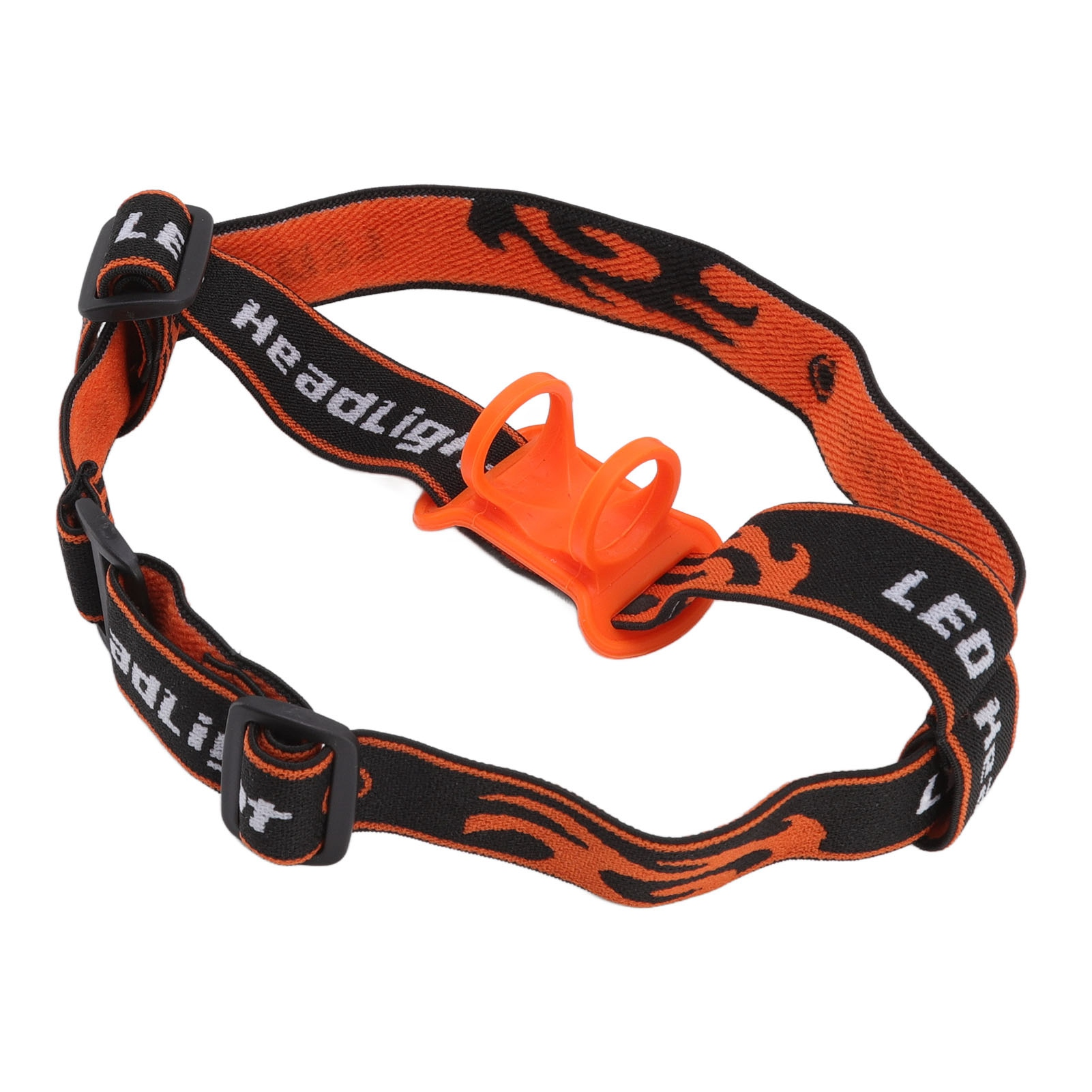 Eine schwarz-orangefarbene Stirnlampe. Der Riemen hat orange Flammen und einen orangefarbenen Kunststoffhalter.