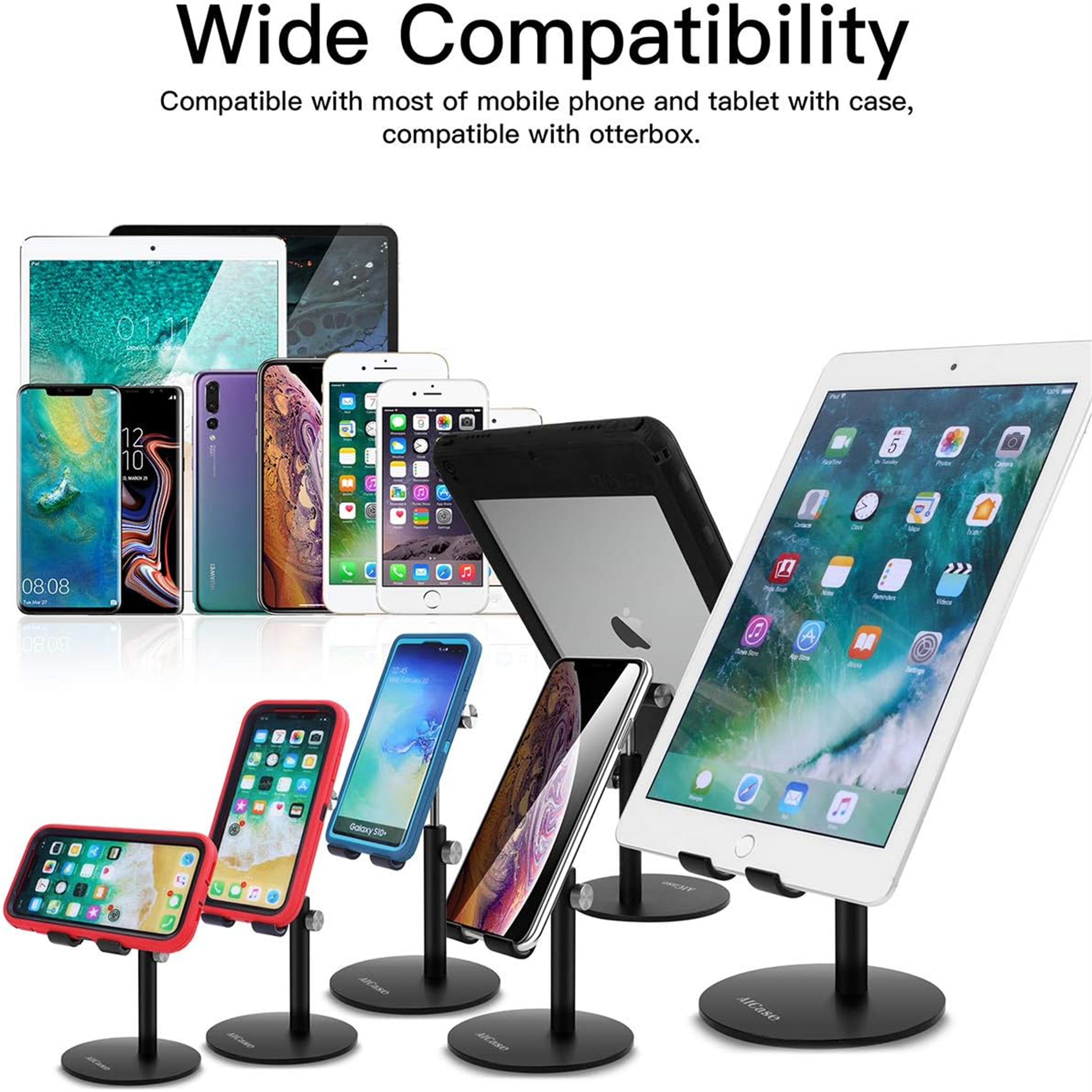 Verschiedene Smartphones und Tablets auf Ständern. Text: Breite Kompatibilität.