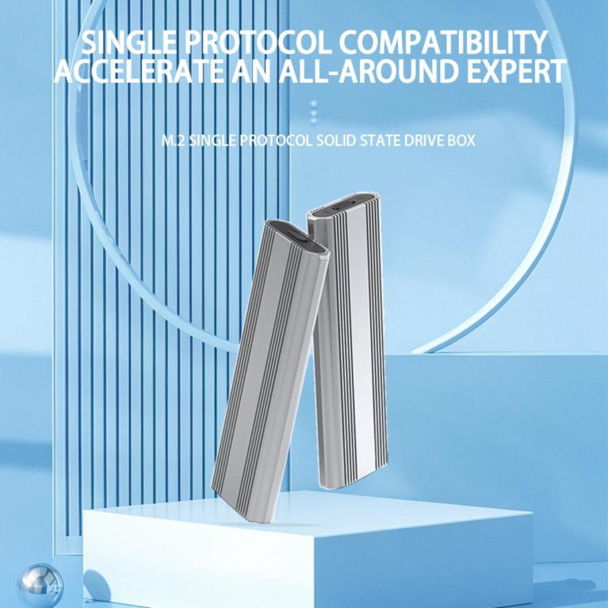Zwei silberne externe Festplatten befinden sich auf blauem Hintergrund. Der Text oben lautet 'SINGLE PROTOCOL COMPATIBILITY'.