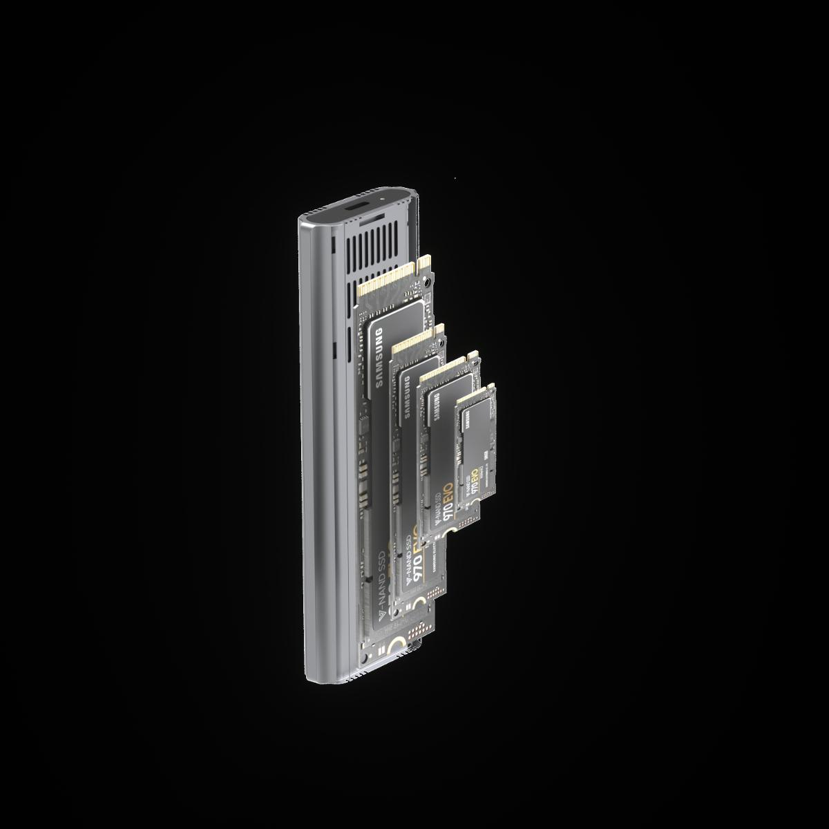 Eine Schnittansicht eines Geräts mit mehreren SSDs im Inneren und einem schwarzen Hintergrund.