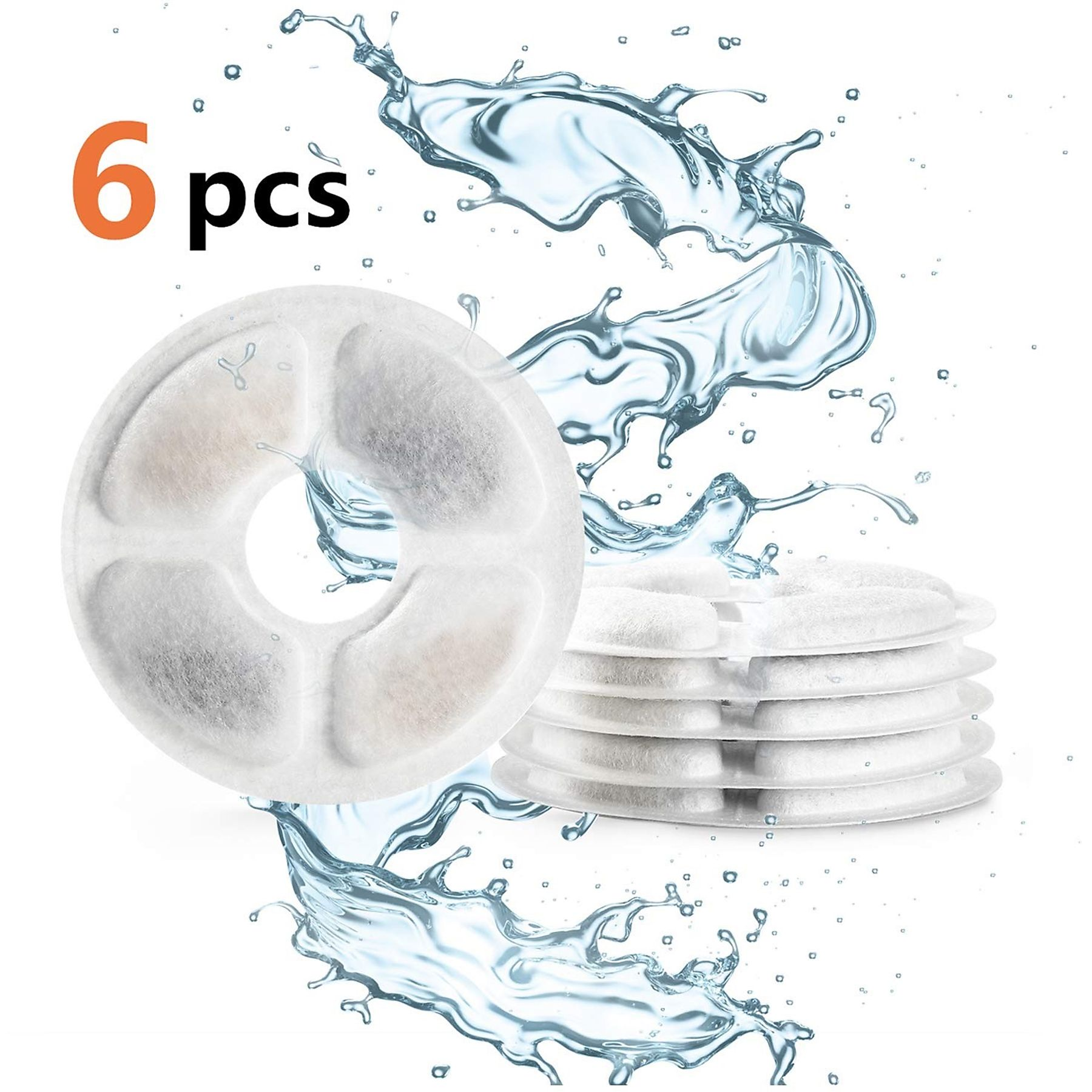 Sechs weiße Filter mit Wasserspritzern. Text: 6 Stück.
