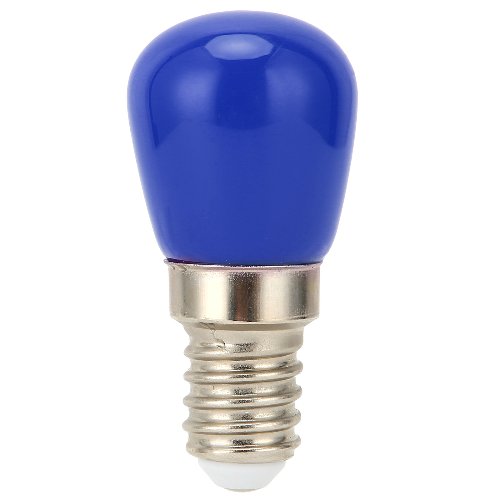 Eine blaue Glühbirne mit silbernem Sockel. Die Birne hat eine abgerundete Form.