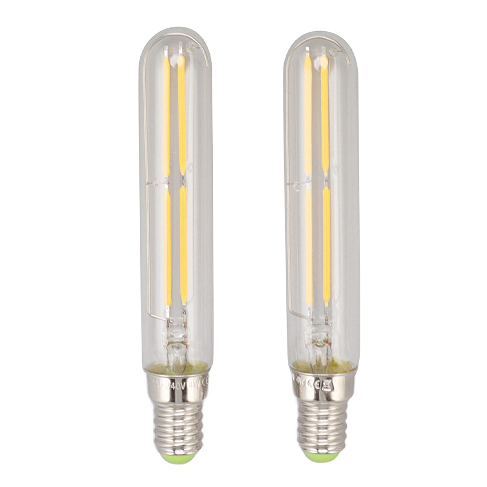 Zwei klare, zylindrische LED-Glühbirnen mit gelben Innenfäden auf einer weißen Oberfläche.