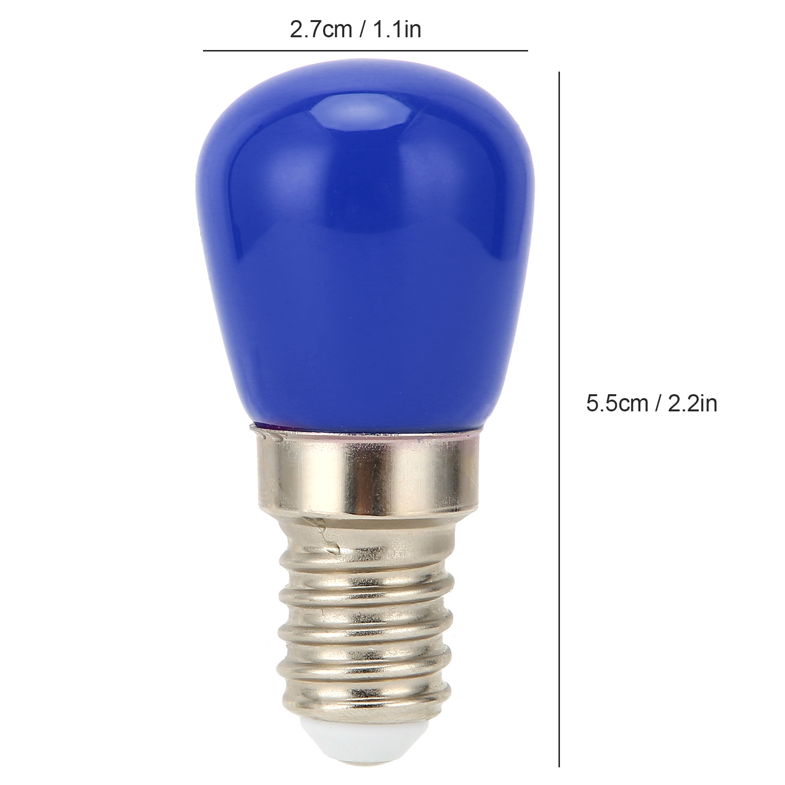 Eine blaue Glühbirne mit silbernem Sockel. Abmessungen: 2,7 cm/1,1 Zoll breit und 5,5 cm/2,2 Zoll hoch.