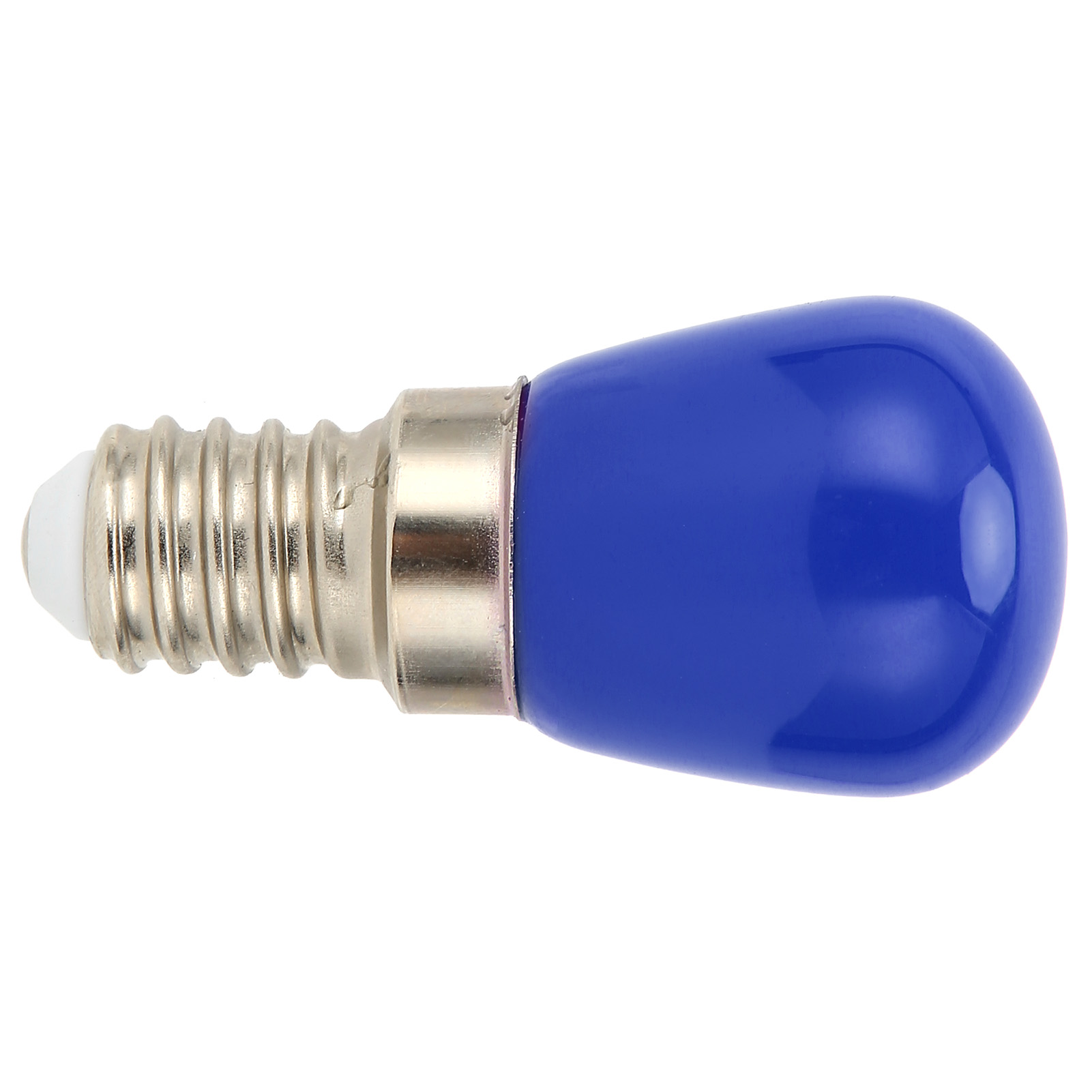 Eine blaue Glühbirne mit silbernem Sockel. Die Birne hat eine abgerundete Form und ist nach links geneigt.