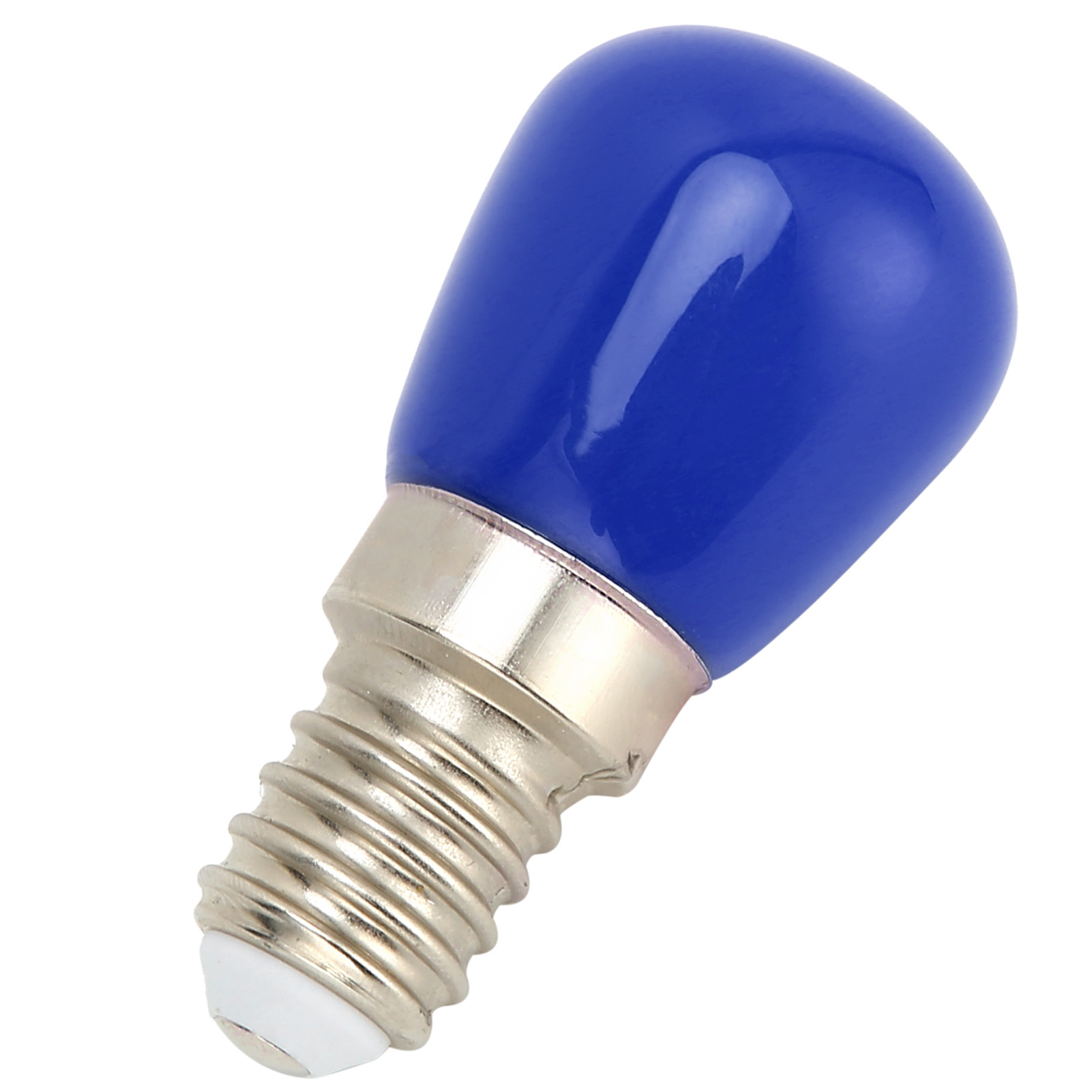 Eine blaue Glühbirne mit silbernem Sockel, nach rechts geneigt. Die Birne hat eine abgerundete Form.