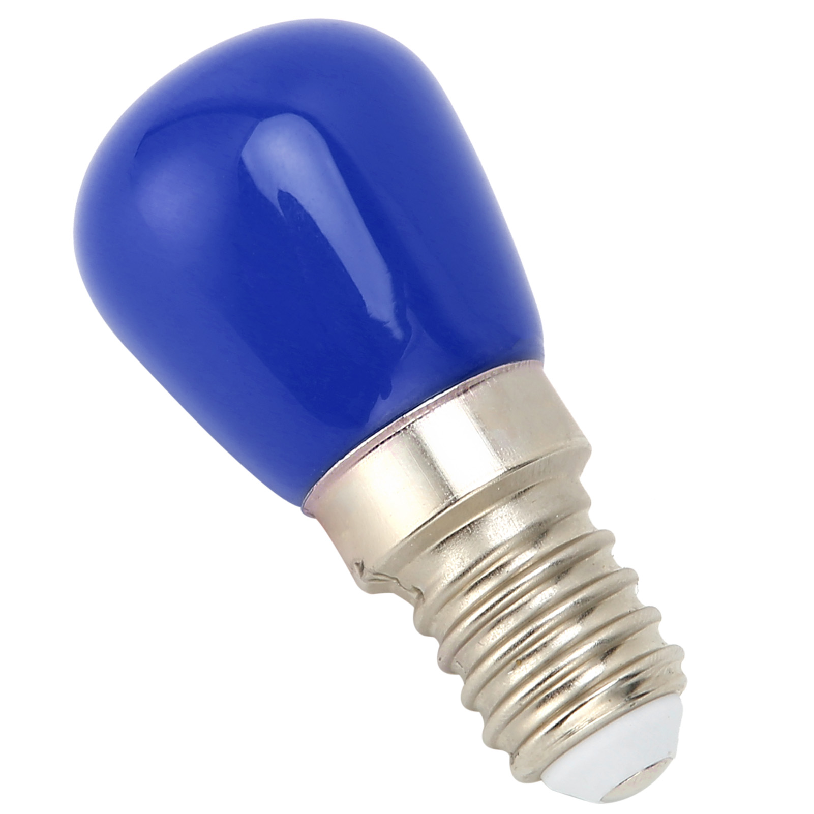 Eine blaue Glühbirne mit silbernem Sockel, auf den Betrachter ausgerichtet. Die Birne hat eine abgerundete Form.