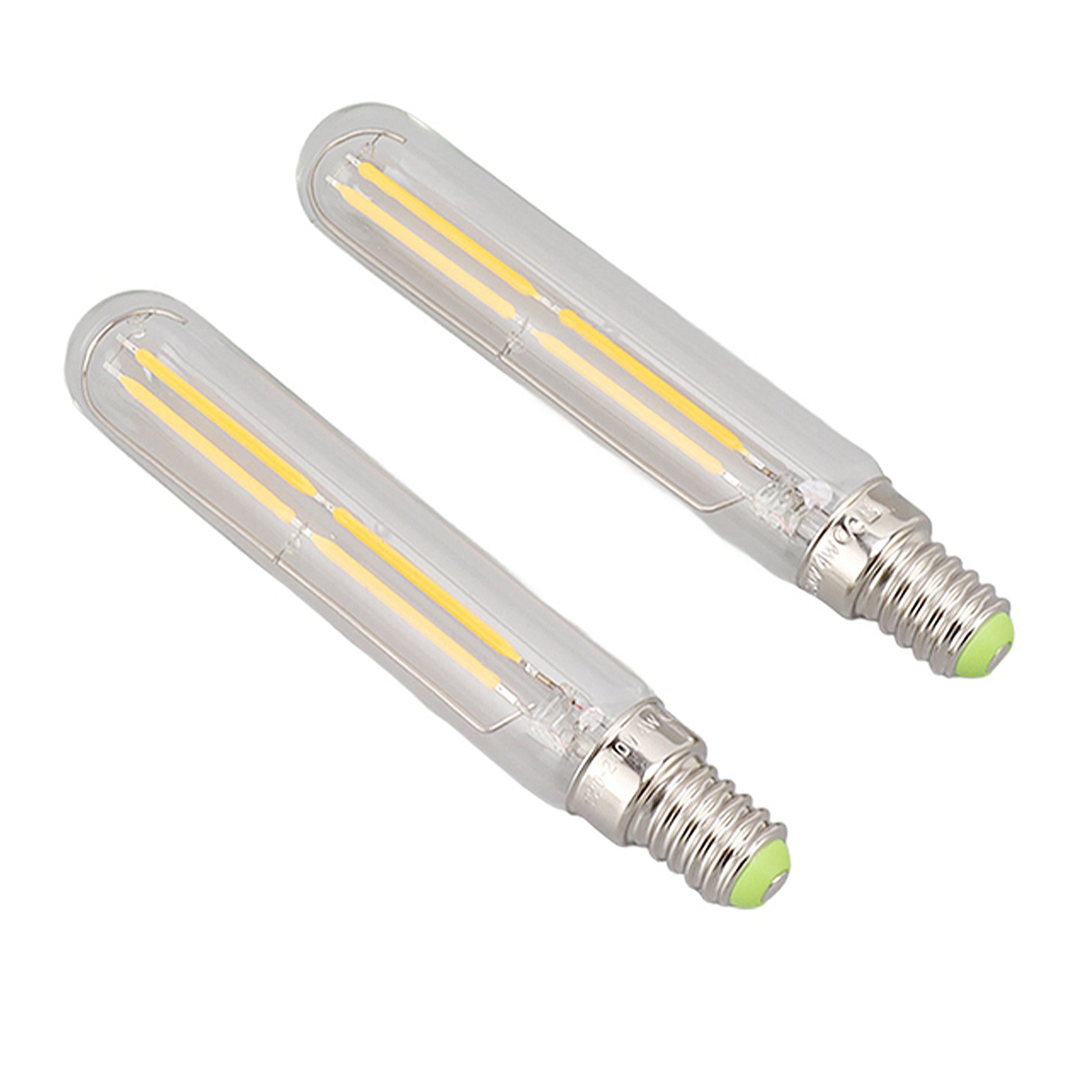 Zwei klare, zylindrische LED-Glühbirnen mit gelben Innenfäden, die auf einer weißen Oberfläche angewinkelt sind.