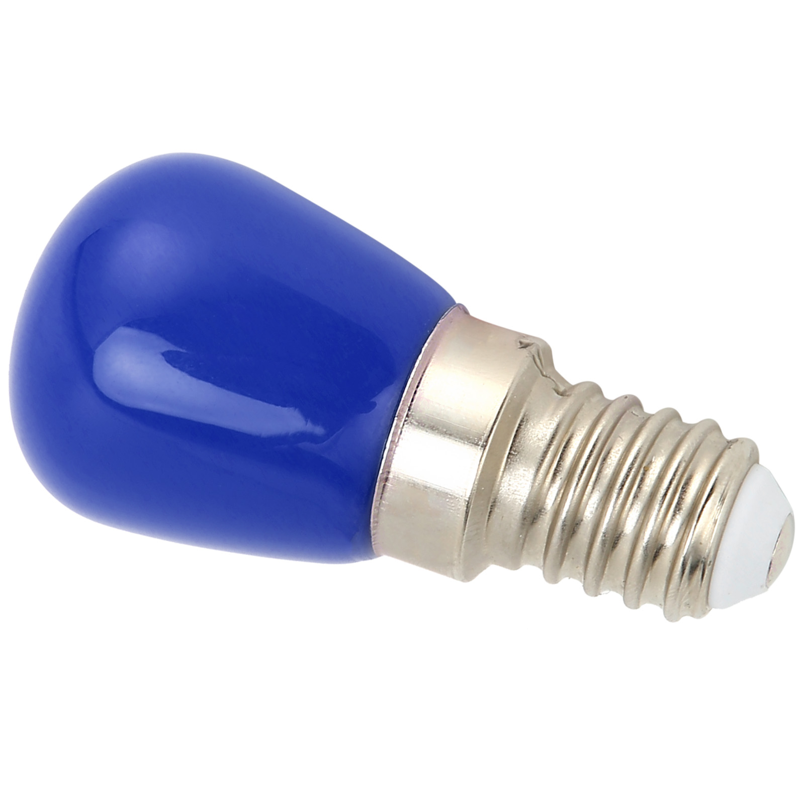 Eine blaue Glühbirne mit silbernem Sockel und weißer Spitze, auf weißem Hintergrund platziert.