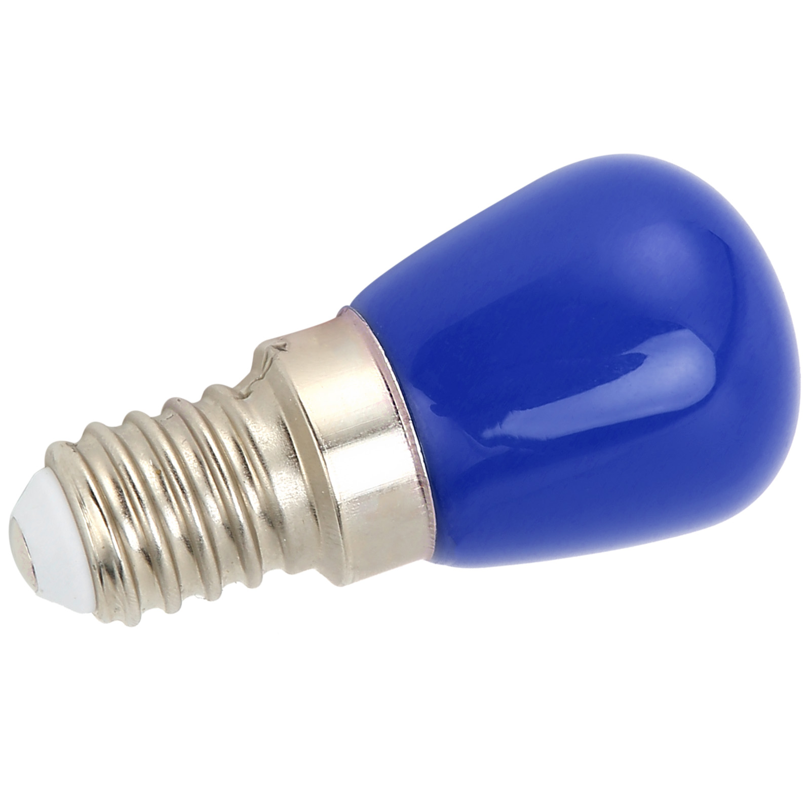 Eine blaue Glühbirne mit silbernem Sockel und weißer Spitze, vor weißem Hintergrund gezeigt.