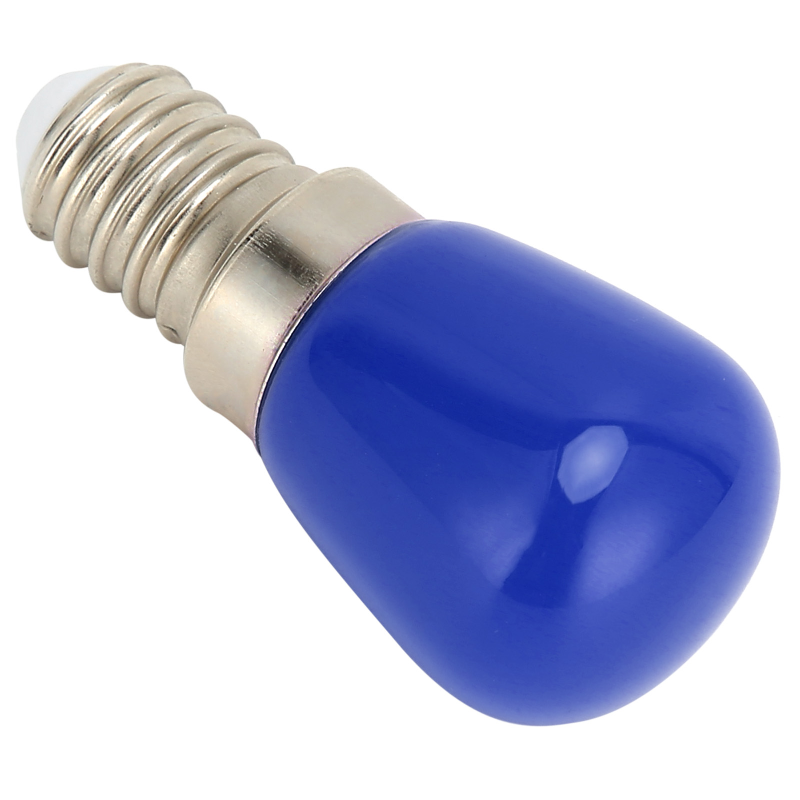 Eine blaue Glühbirne mit silbernem Sockel und weißer Spitze, vor weißem Hintergrund gezeigt.