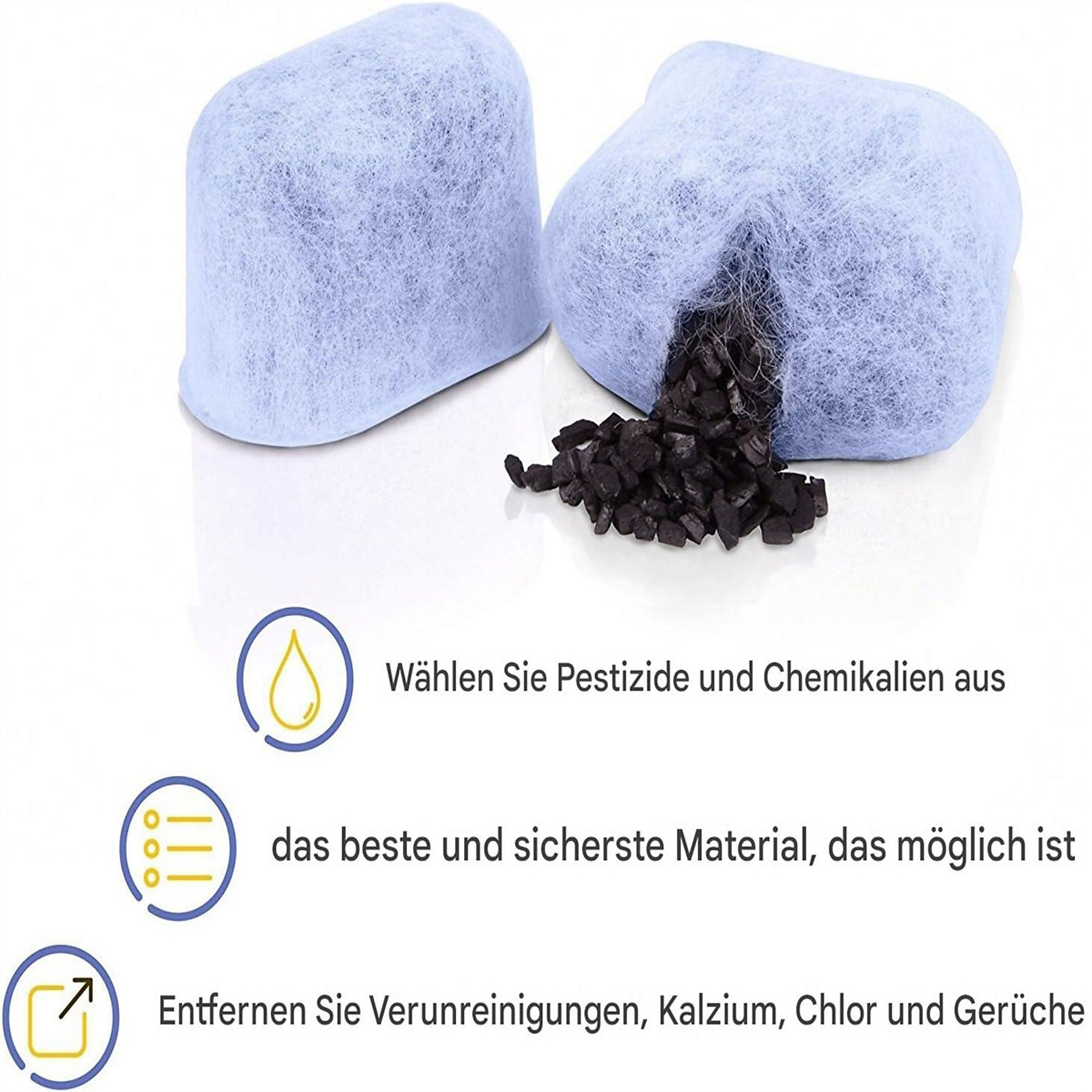 Zwei blaue Wasserfilterpatronen mit schwarzen Granulaten. Die Filter befinden sich auf weißem Hintergrund. Text ist sichtbar.
