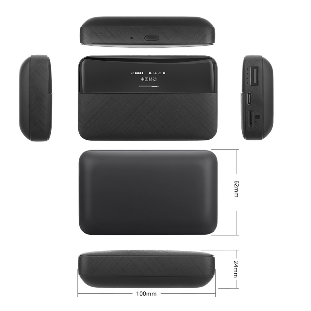 Mehrere Ansichten eines schwarzen, rechteckigen, tragbaren WLAN-Routers mit Abmessungen. Es hat einen Bildschirm.