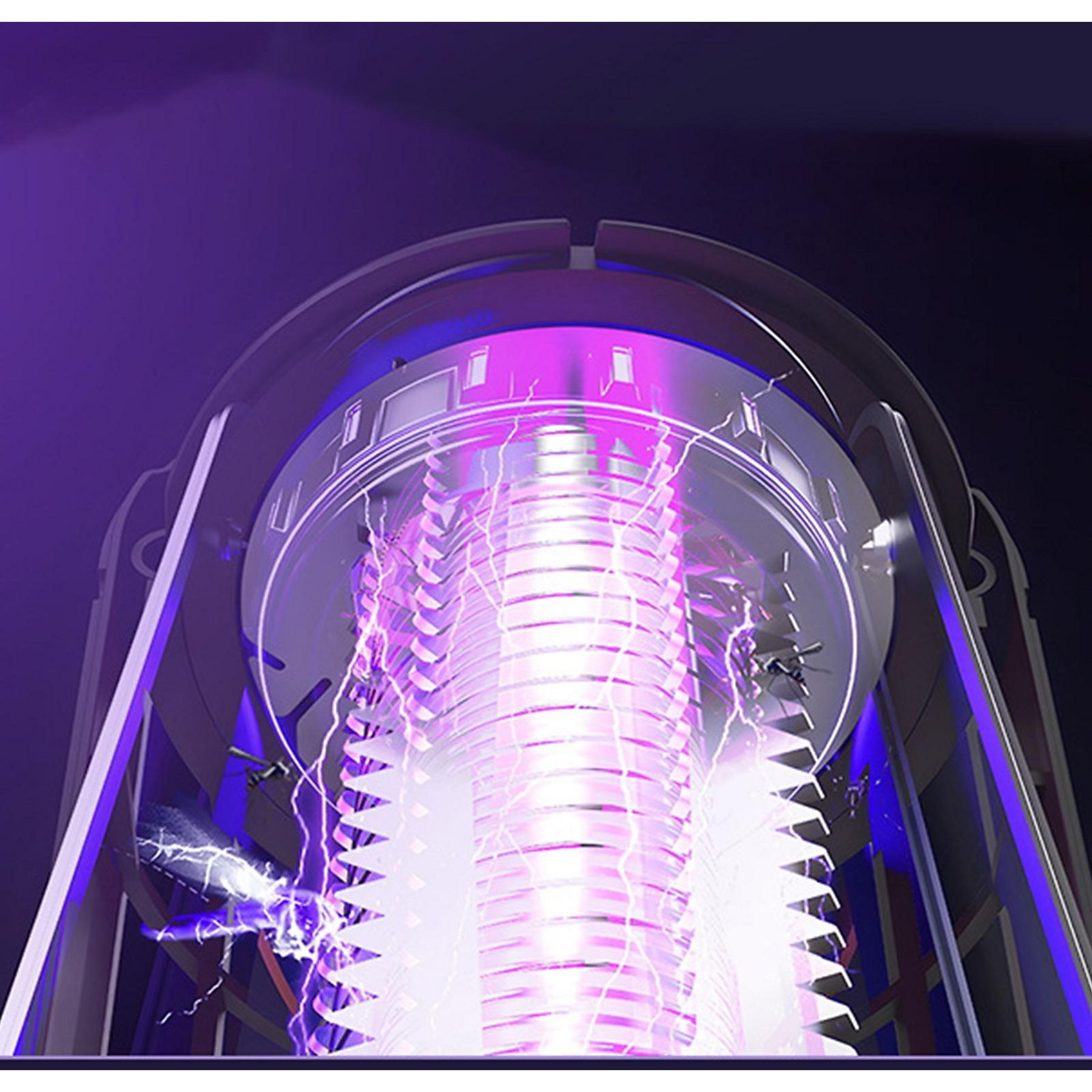 Eine Nahaufnahme eines Mückenvernichters mit violettem Licht, der Mücken in einem schützenden weißen Rahmen anzieht.