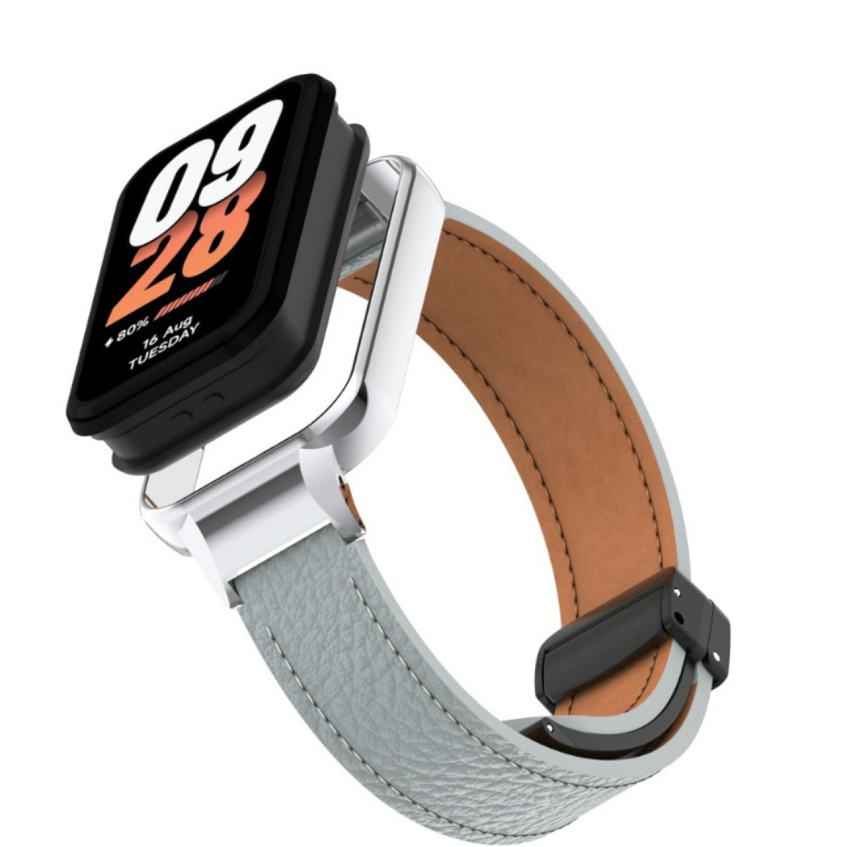 Smartwatch con display nero, cornice argentata e cinturino in pelle grigio chiaro, vista angolata.